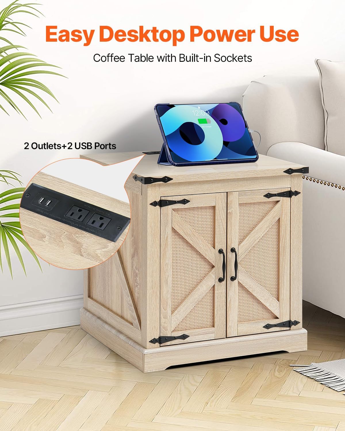 VEVOR Farmhouse End Table, Rectangle PE Rattan Woven Wood Coffee Table, 24-Inch Modern Boho Style Storage Coffee Table with Retro Metal Hinges, for Living Room, Bedroom & Small Spaces