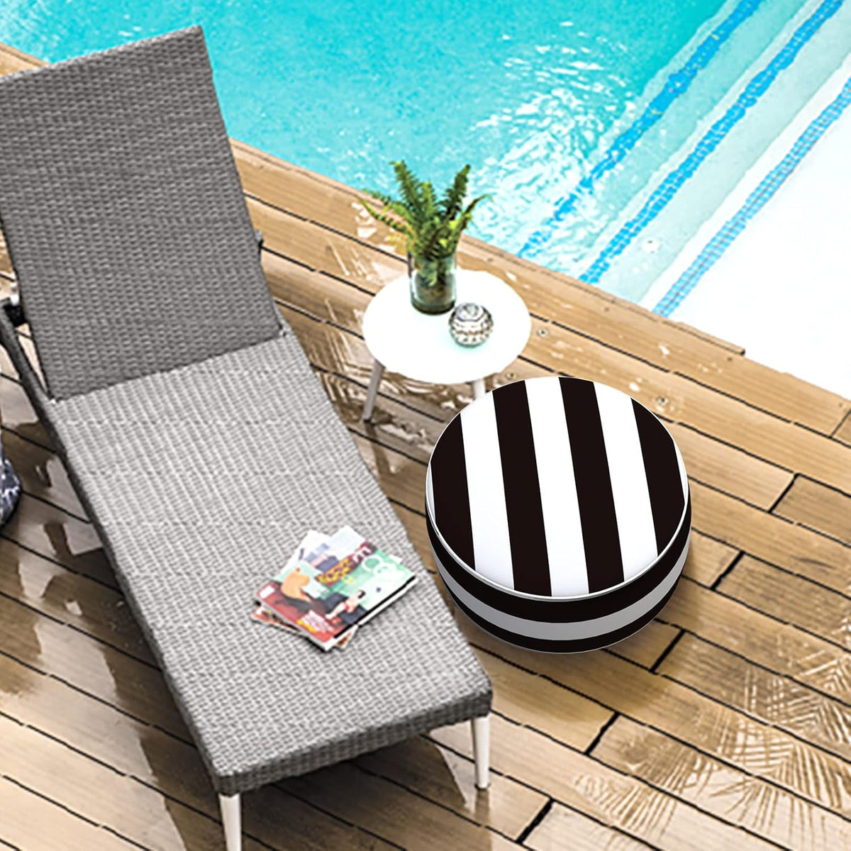 LVTXIII Outdoor Inflatable Ottoman, Fade-Resistant Round Footrest Stool D21”x H9”, Portable Patio Pouf for Garden Camping or Home Use-Cabana Black