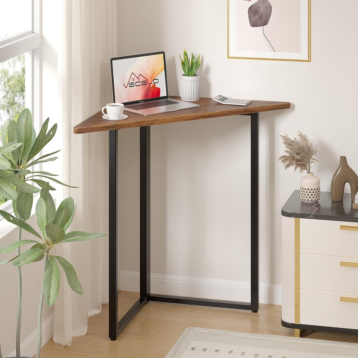 VECELO Corner Shelf, End Side Tables, Triangle Shelves with Metal Frame for Small Space, Living Room, Kitchen, Bathroom