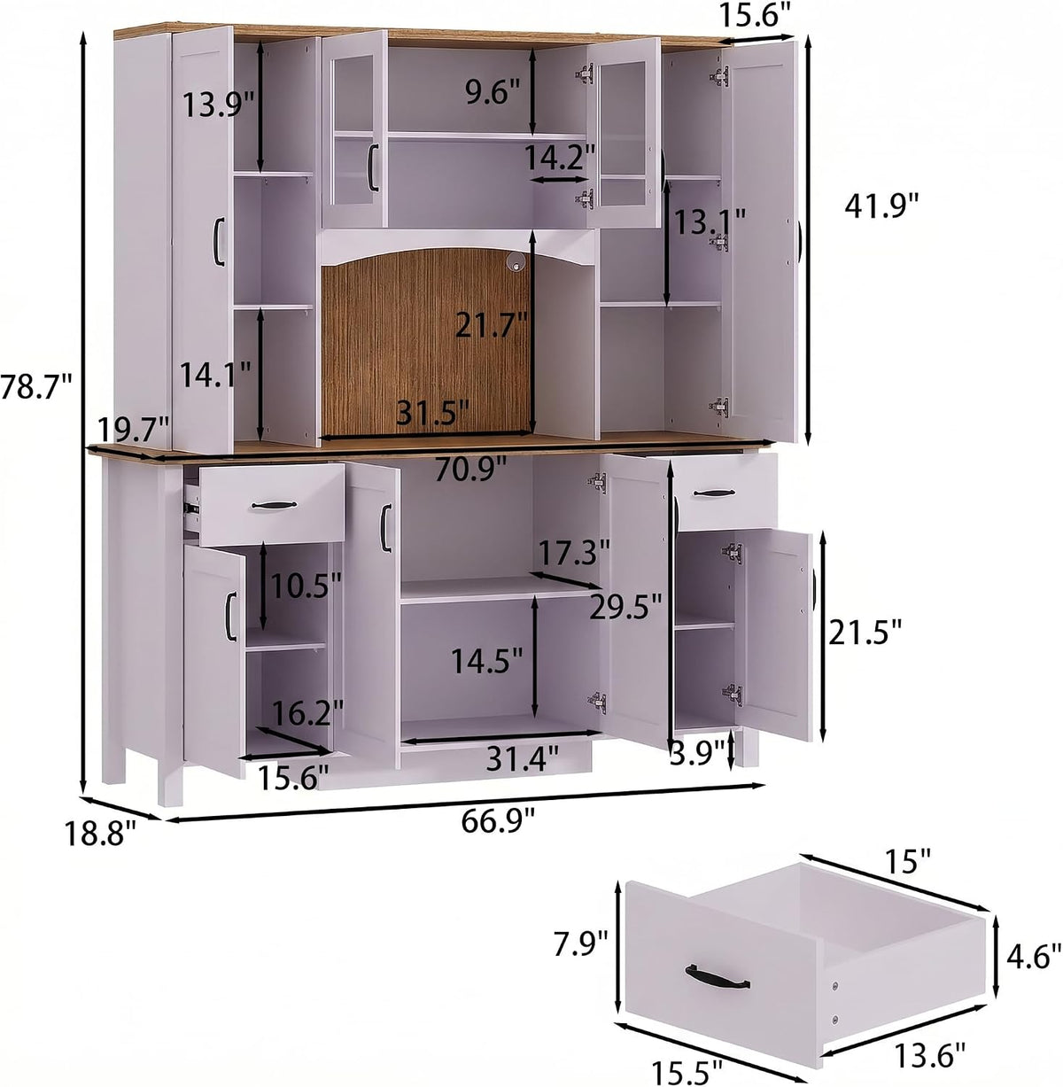 78.7” Farmhouse Kitchen Pantry Cabinet with Glass Doors & Hutch, Tall Pantry Storage Cupboard with 2 Drawers & Adjustable Shelf, Dining Room Home Bar, Purple & Brown, 66.9”W x 19.7”D x 78.7”H