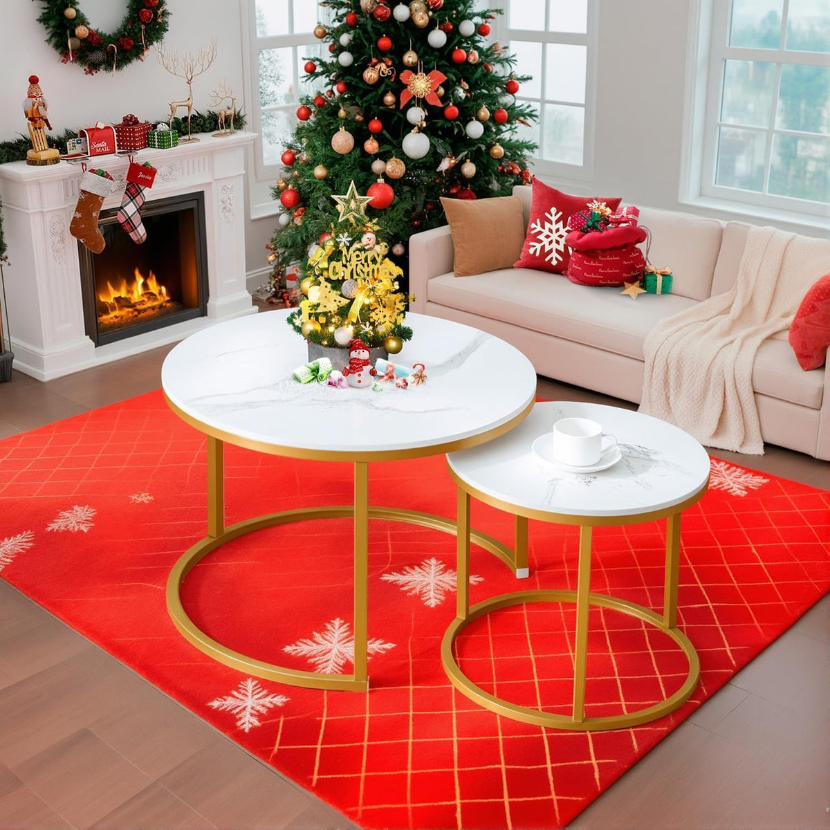 Nesting Coffee Table Set of 2, Round Coffee Table w/Marble Pattern Top, Modern Living Room Table with Sturdy Metal Frame, Industrial End Table Side Tables for Small Space Apartment (White)