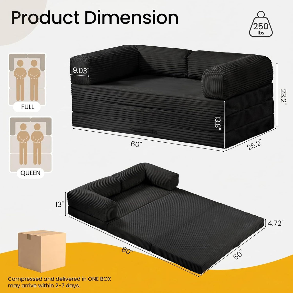 Erament Convertible Sofa Bed, Tri-Folding Mattress Queen Futon Couch Bed, Sleeper Couch Bed with Removable Armrests & Washable Cover for Guest Room, Living Room, Queen, Black