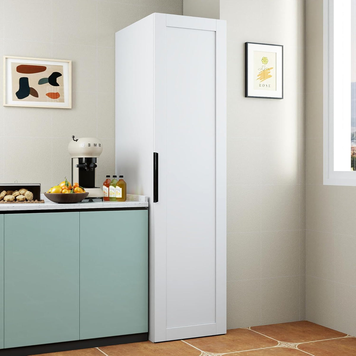 63'' Particle Board and Free Standing Pantry Cabinet, Kitchen Storage Cabinet with Doors Tall Kitchen Pantry Cabinet for Dining Room and Living Room Organization (White)