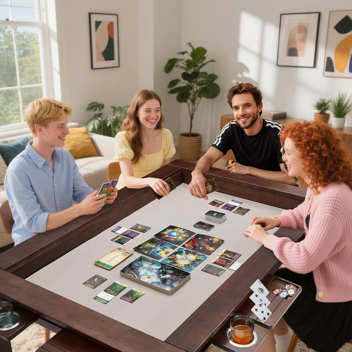 63"x39" Board Game Table with Removable Top Solid Wood Dining/Gaming Table | Gaming Table for 4-6 Players with Play Mat, 6 Detachable Cup Holders & 6 Hobby Trays (Black Walnut)