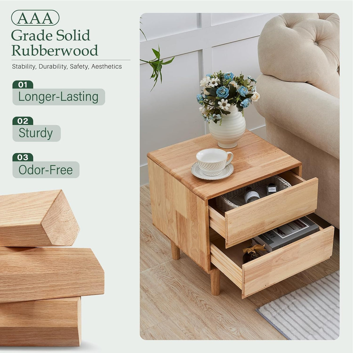 Modern Natural Wooden Nightstand with Drawers - Solid Wood Night Stand 2 Drawer Mid Century Small Narrow Bedside Side End Table with Storage for Living Room Bedroom, 15.7" D x 17.1" W x 19.6" H