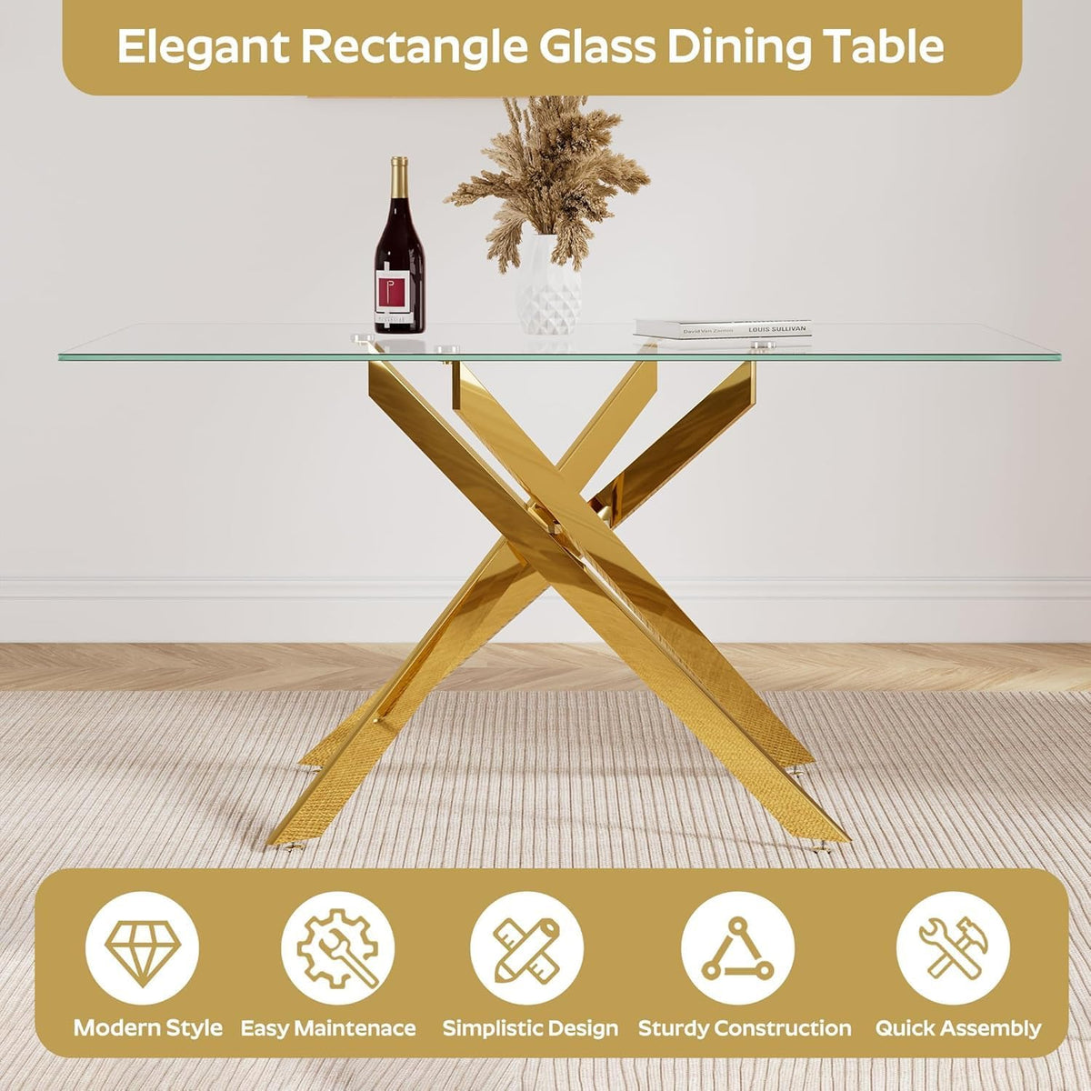 Glass Dining Table for 4-6, Contemporary Rectangular Dining Room Table with Tempered Glass Top & Gold Finish Metal Legs, Modern Elegant Dining Table for Home Kitchen
