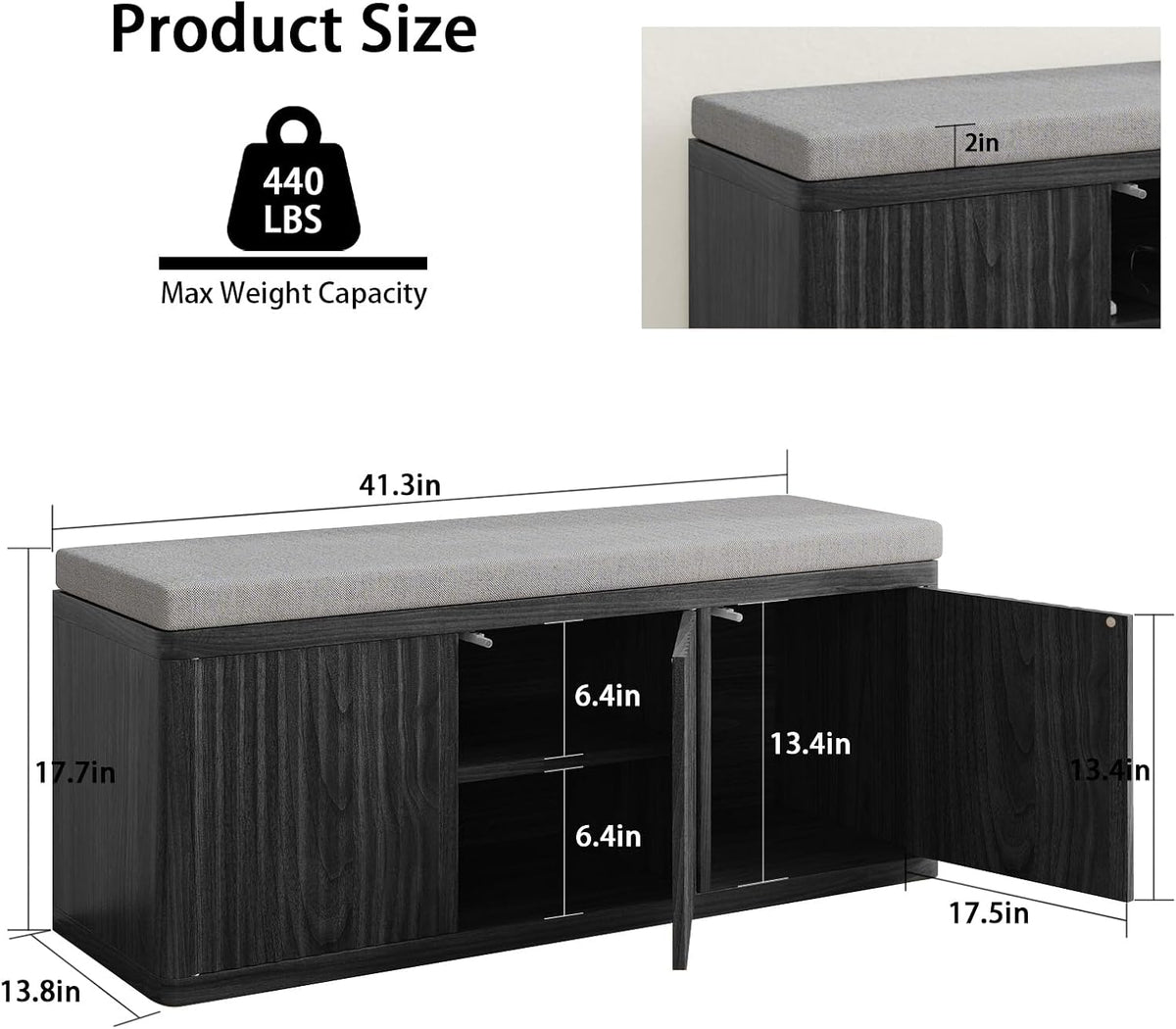 41.3" Fluted Shoe Storage Bench, Entryway Bench with 2" Cushioned Seat, 440lbs Heavy Duty Shoe Cabinet Bench with Adjustable Shelf, Hidden Storage Organizer for Bedroom End of Bed, Black