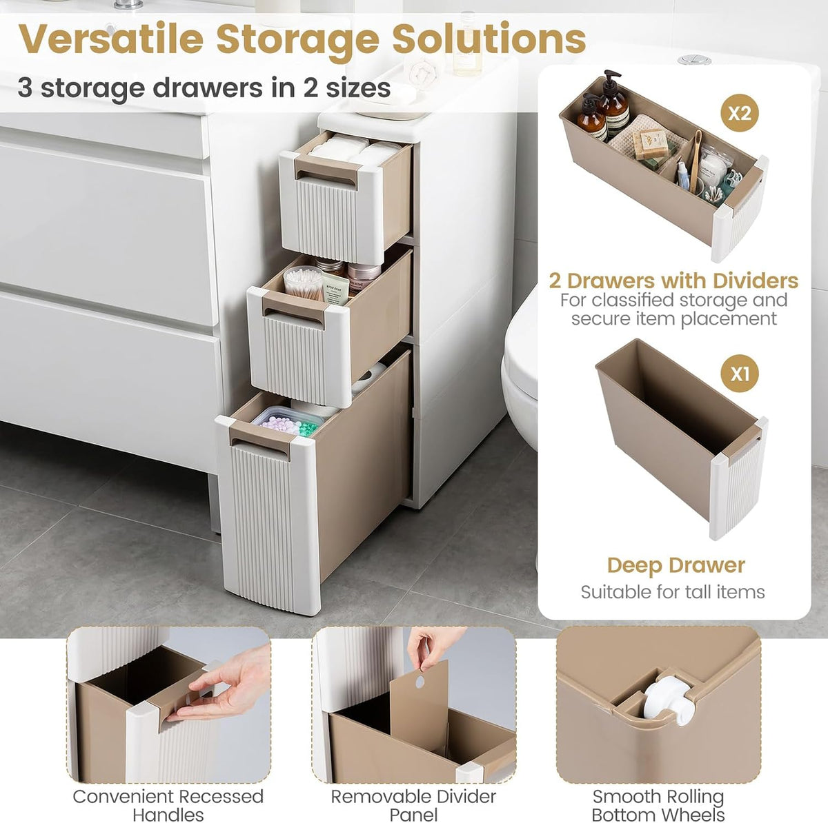 Giantex 3-Tier Narrow Storage Cabinet, Slim Rolling Cart with 3 Drawers & 2 Removable Dividers, Plastic Storage Organizer with Wheels for Small Spaces Bathroom Kitchen