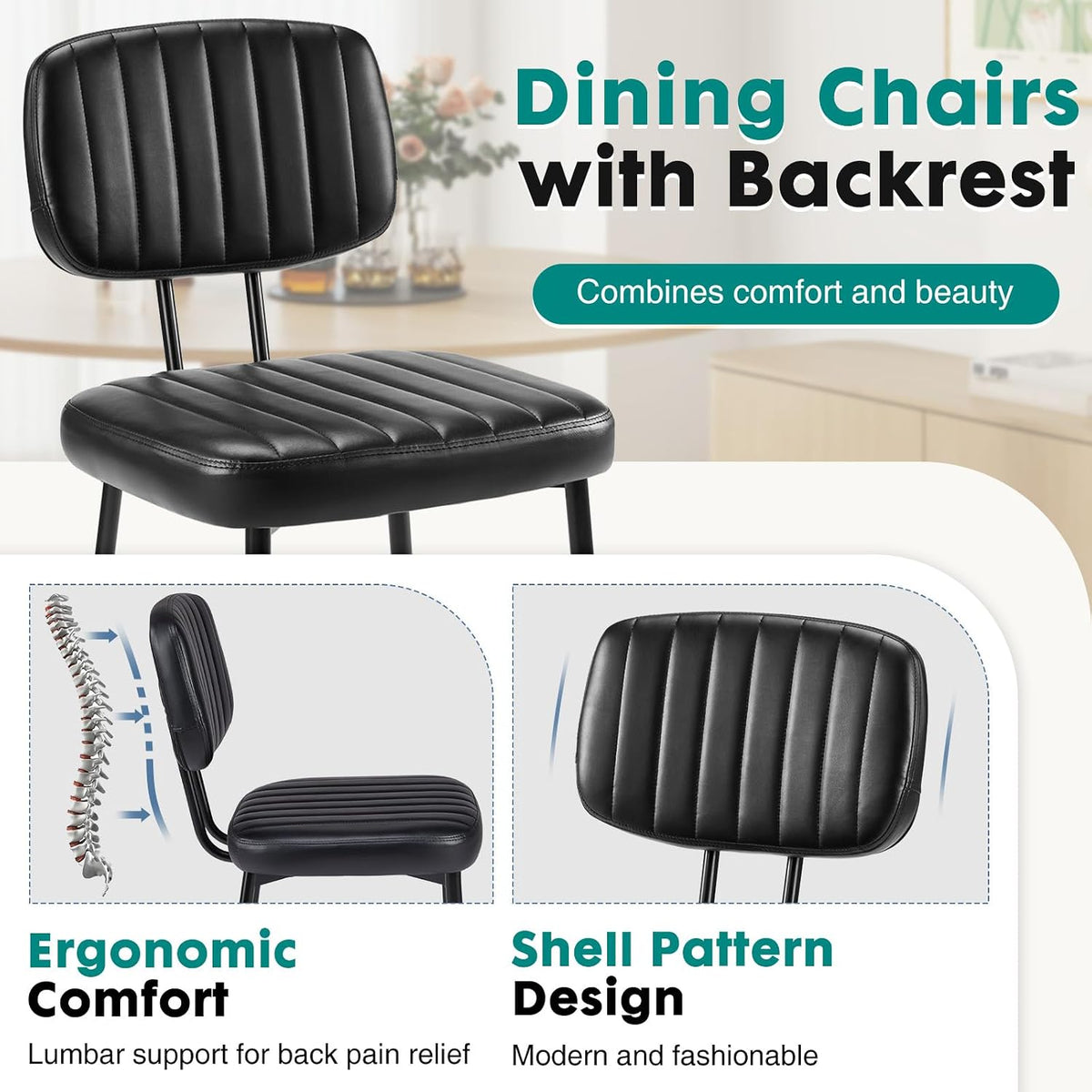 OLIXIS Dining Chairs Set of 6, Modern Upholstered Mid Century Kitchen Chairs with Faux Leather Cushion Seat, Backrest & Metal Legs for Living Room, Bedroom, Home Office, Black