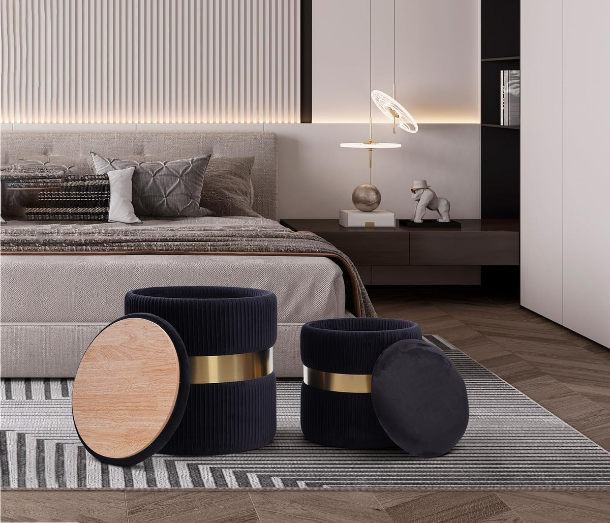 Round Velvet Storage Ottoman with Removable Lid Set of 2, Upholstered Footrest Stool with Gold Metal Hoop, Side Table Seat for Living Room, Makeup Vanity Stool for Bedroom (Pleated-Black)