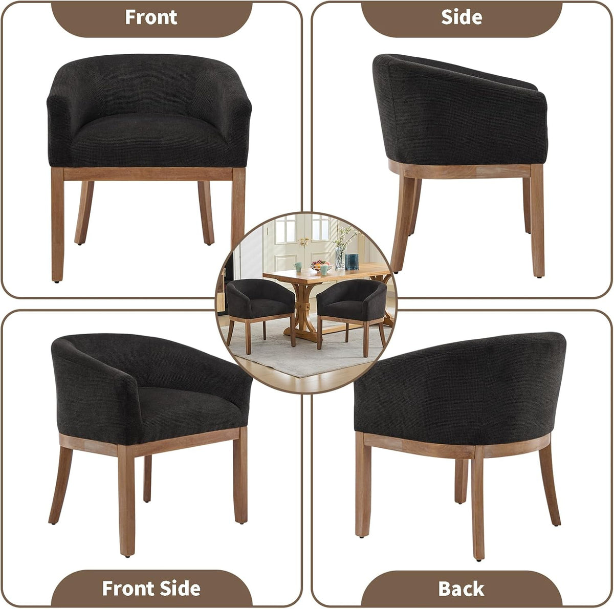 Mid Century Modern Dining Chairs Set of 2, Upholstered Linen Fabric Dining Room Chairs with Arms and Solid Wood Legs, Comfy Barrel Accent Chairs for Dining Room, Living Room, or Cafe, Charcoal Gray