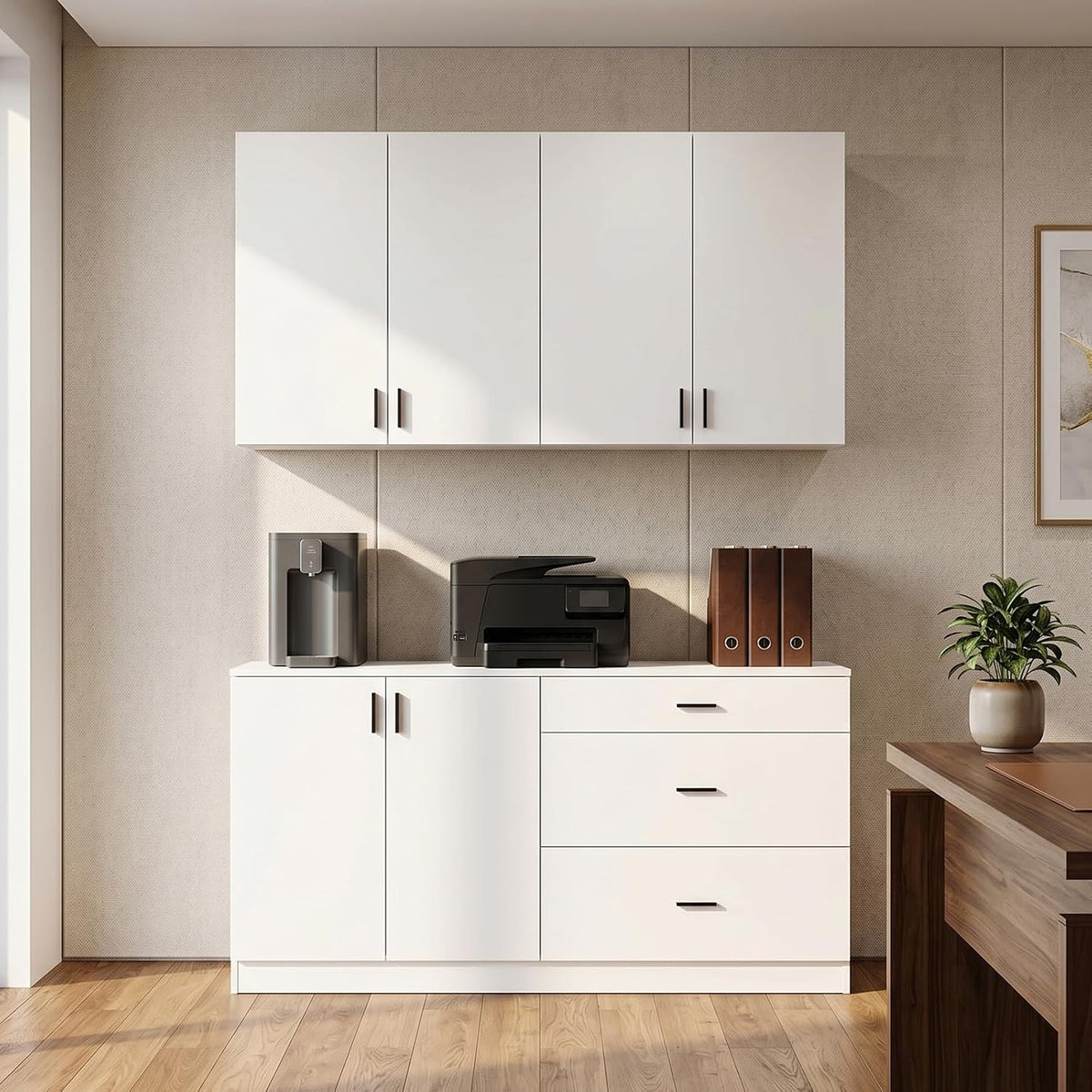 63" Wide Kitchen Pantry, 2-Piece Modern Storage Cabinet with 6 Doors and 3 Drawers, Food Pantry Cabinets with 3 Adjustable Shelves, Wall Mounted Cupboard and Base Cabinet for Kitchen, White