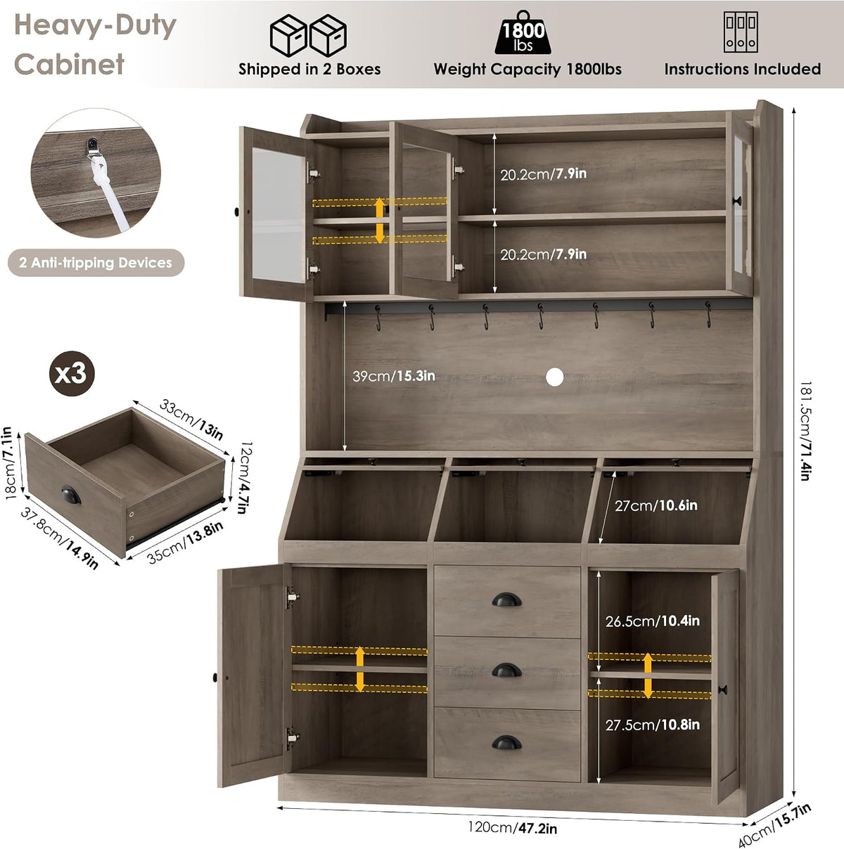HIFIT 71.4” H Kitchen Hutch Pantry Cabinet with 3 Bread Boxes&7 Metal Hooks | Farmhouse Kitchen Hutch Cabinet with Storage and Glass Doors for Living Dining Room, Home Office, Ash Grey