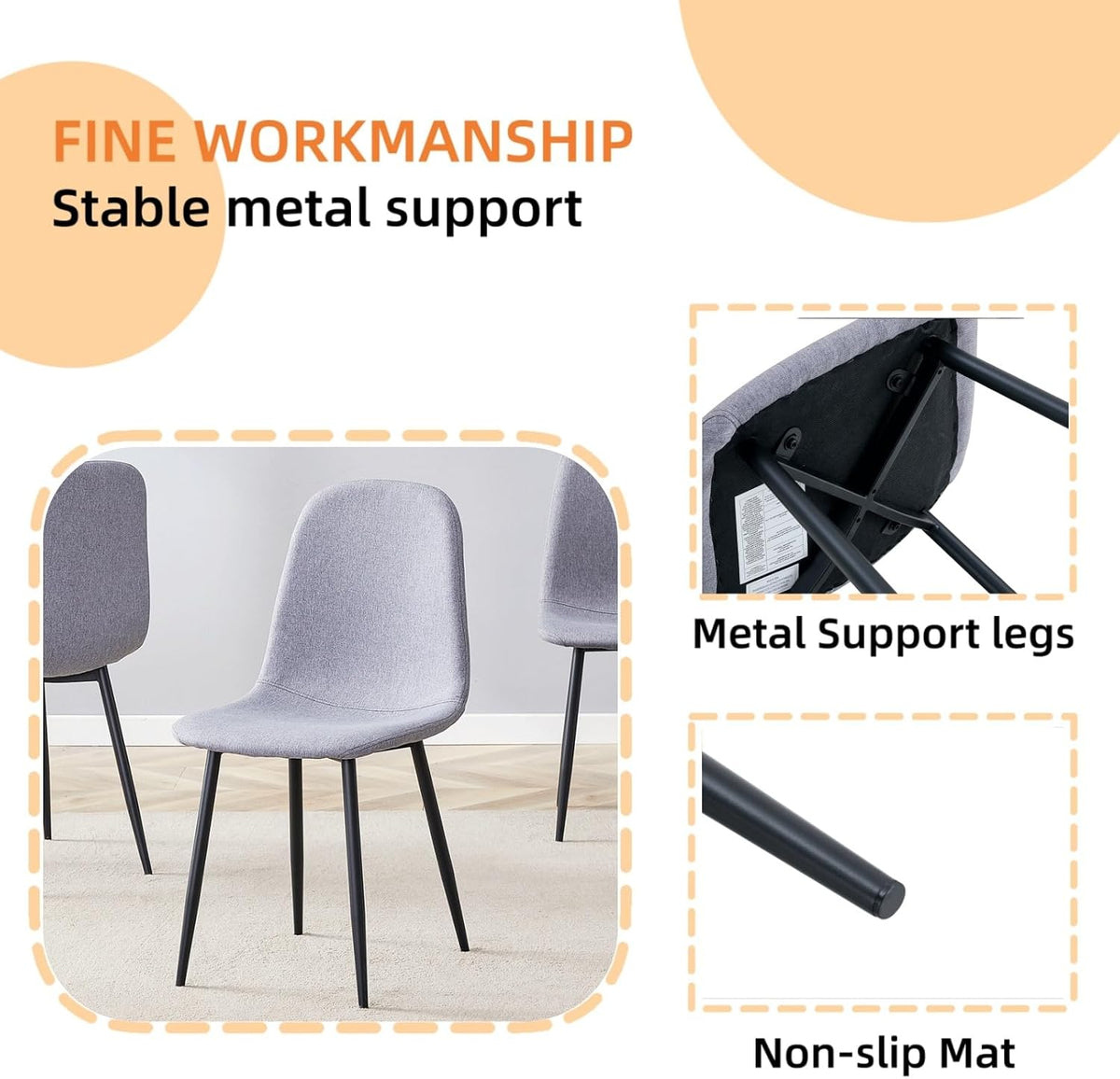 Modern Linen Dining Chairs Set of 4, Luxury Upholstered Kitchen Chairs with High Resilience Foam & Integral Black Metal Legs, Mid-Century Side Chairs for Dining Room, Vanity, Light Grey