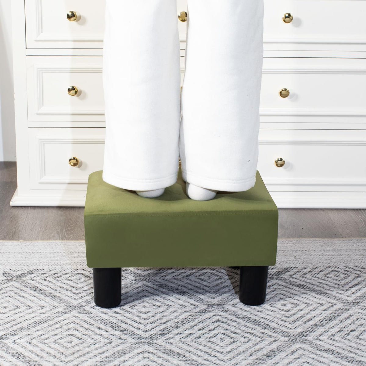 Adeco Small Velvet Foot Stool for Living Room & Bedroom, Boho Chic Upholstered Ottoman Footrest with Thick Padded Seat, Compact Under Desk Stool, 15 inch, Grass Green, Supports 335 lbs