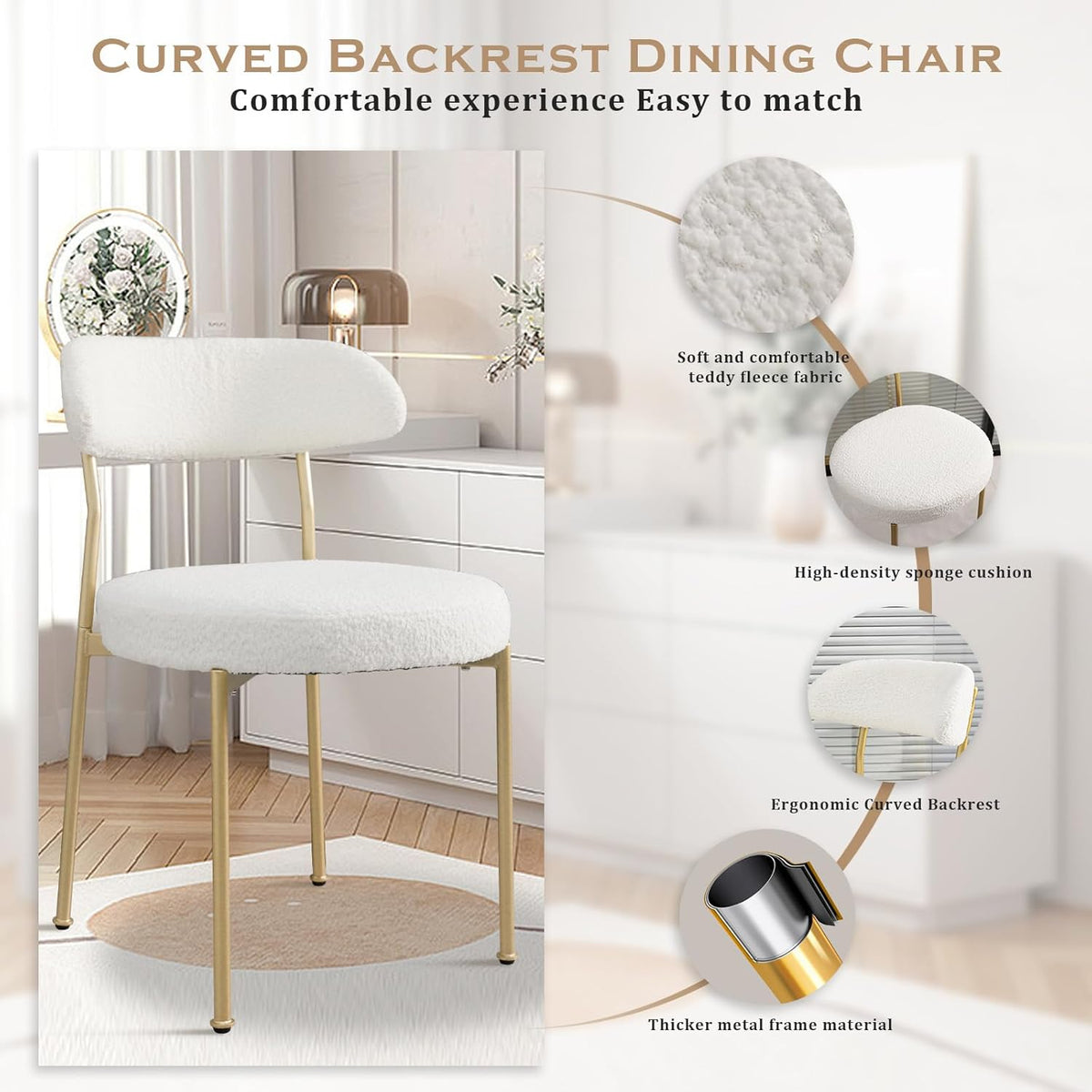 Dining Table and Dining Chair Set 23.6" White Round Table&2 Boucle Upholstered Golden Legs Chairs for Kitchen Dining Room Small Space 3 Piece Dining Table and Chair Set（Beige）