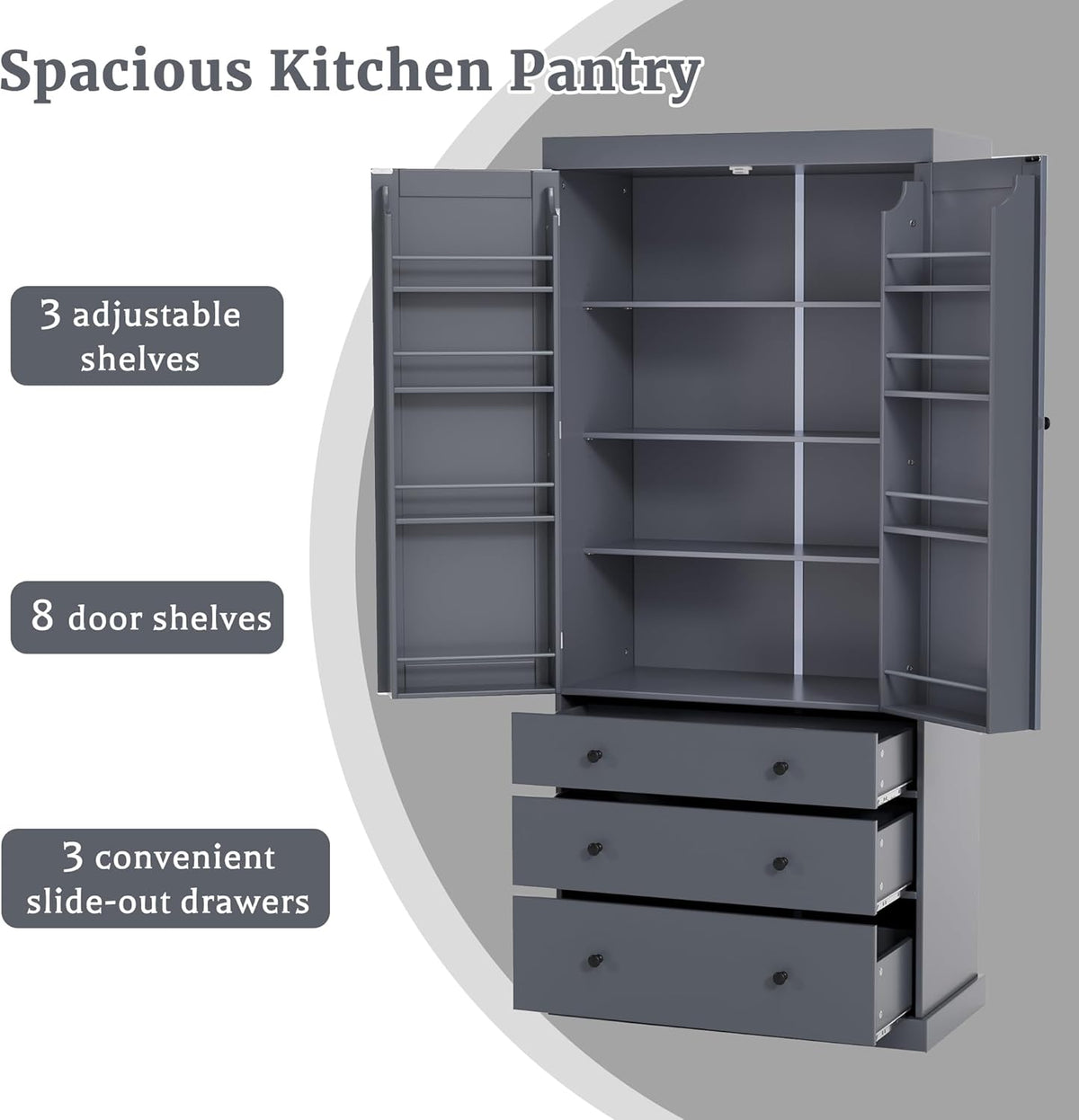 77" Tall Kitchen Pantry Cabinet with 3 Drawers, Large Wooden Kitchen Organizers Storage Cabinet Cupboard with 8 Door Shelves and 3 Adjustable Shelves for Dining Room, Grey