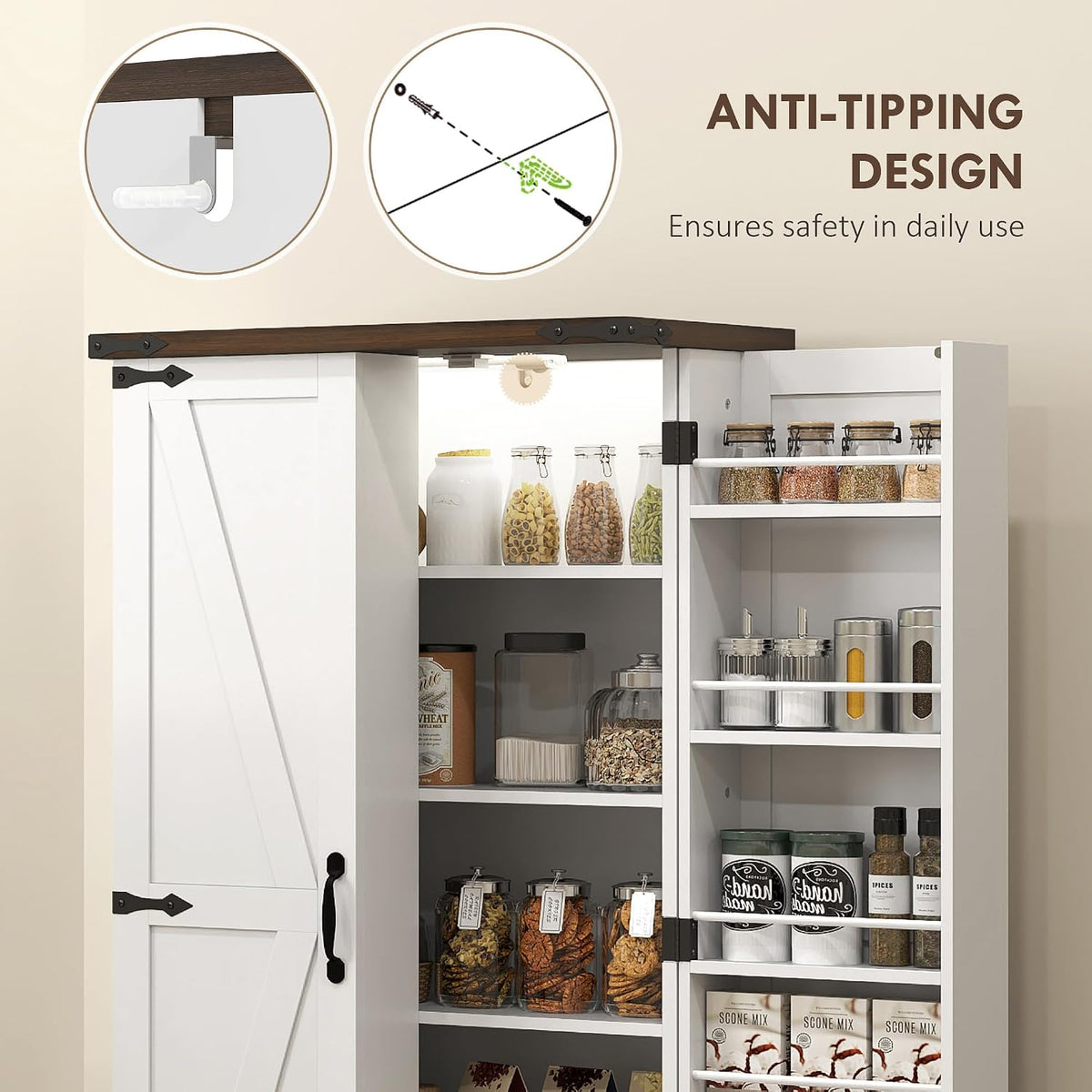 HOMCOM 47" LED Kitchen Pantry Cabinet with Barn Door 5 Deep Shelves White | Farmhouse Storage Cabinet, 12 Door Shelves, Freestanding Food Pantry