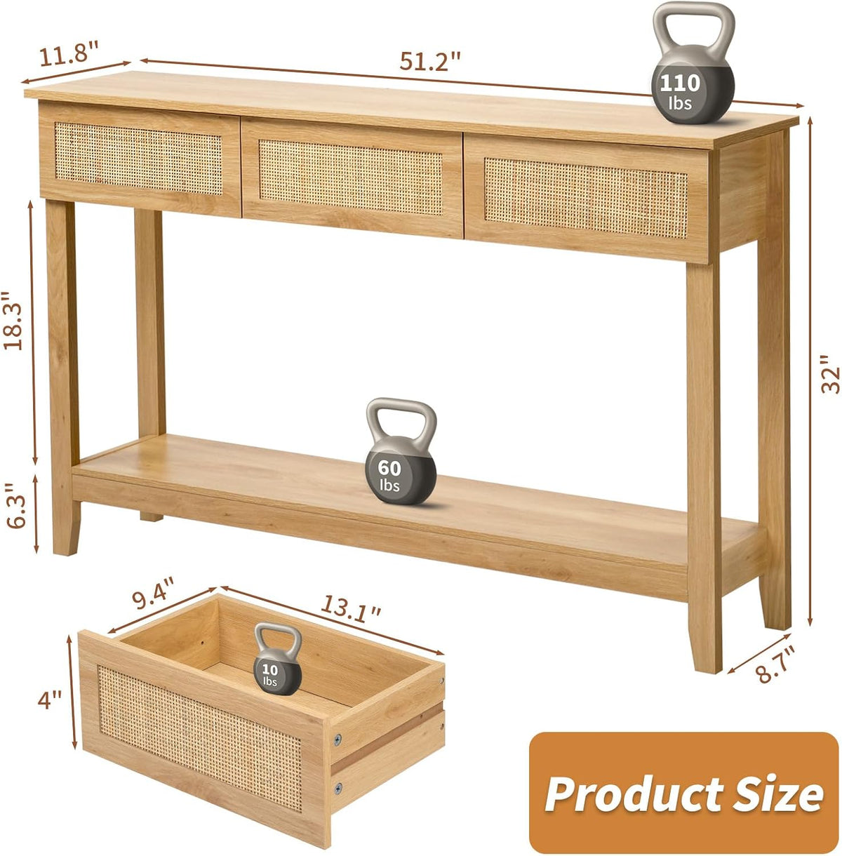 Karl home 51"Console Table w/3 Rattan Drawers & Storage Shelf, Natural Wood | Boho sofa table with 13.1"W rattan drawers,storage shelf,living room and hallway use, natural wood look