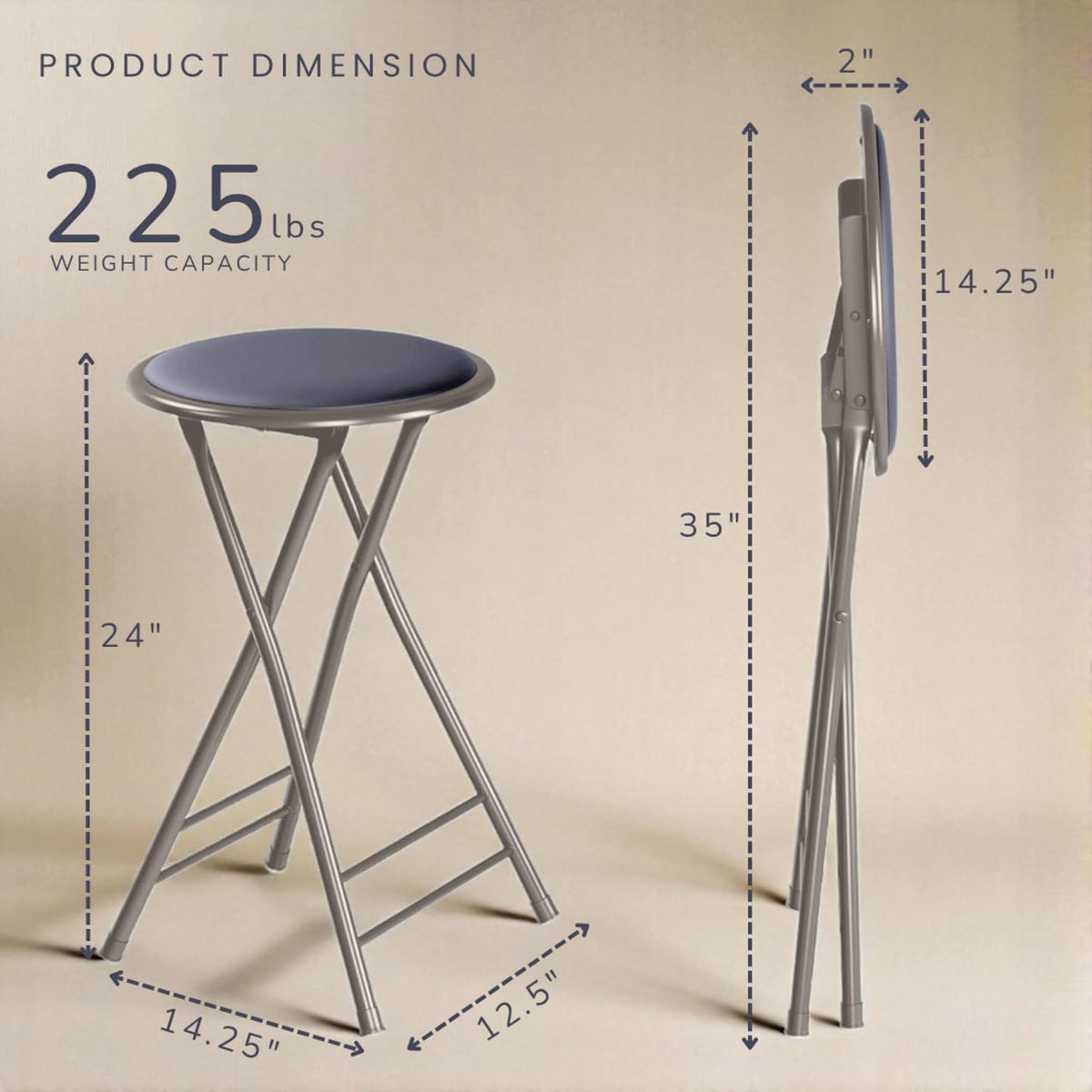 Lavish Home Folding Stool with Padded Backless Seat Set of 2, Gray, 24” | Counter Height Bar Stools with 225lb Capacity, Portable Indoor & Outdoor, Extra Seat for Kitchen, Rec Room or Camping
