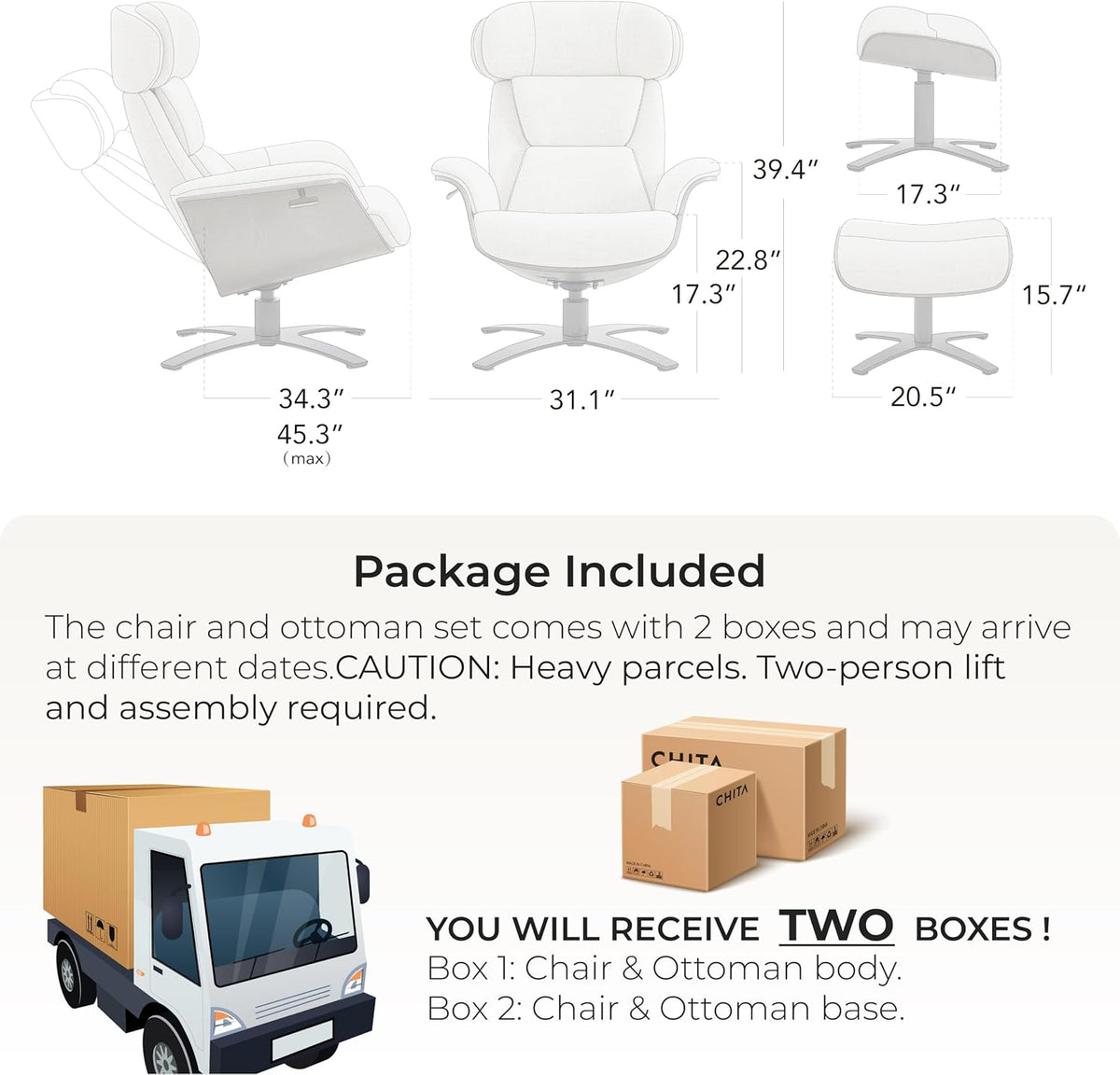 CHITA Genuine Leather Reclining Swivel Accent Chair with Ottoman, Black | Eames Swivel Chair with Adjustable Backrest and Headrest for living Room & Office, 34.3"Dx31.1"Wx39.4"H, 350 Lbs Capacity