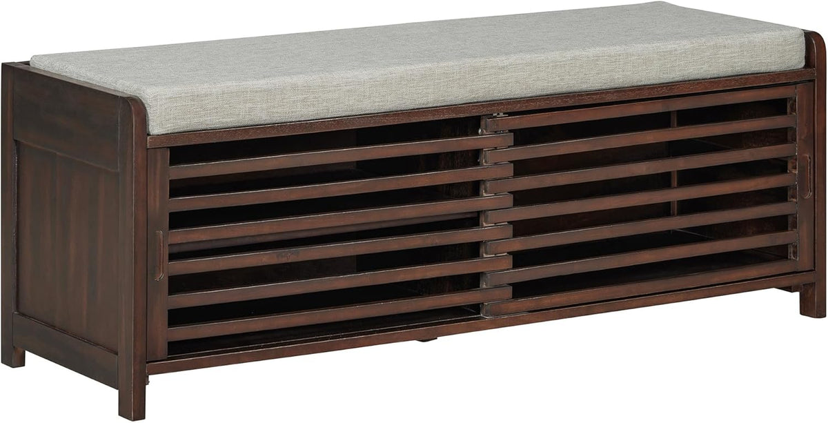 Ball & Cast Entryway Storage Bench with Shutter Doors, 43.3" Wooden Shoes Organizer, Modern Movable Upholstered Seat Entryway Shoe Rack Cabinet for Hallway Living Room, Espresso