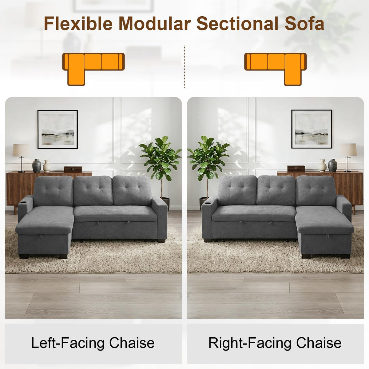 82" L Shaped Sleeper Sofa Bed, Pull Out Sectional Couch with Storage Chaise/Reclining Backrest, Sectional Couches for Living Room with USB Port, Foldable Table, Cup Holder, Side Pocket, Light Grey