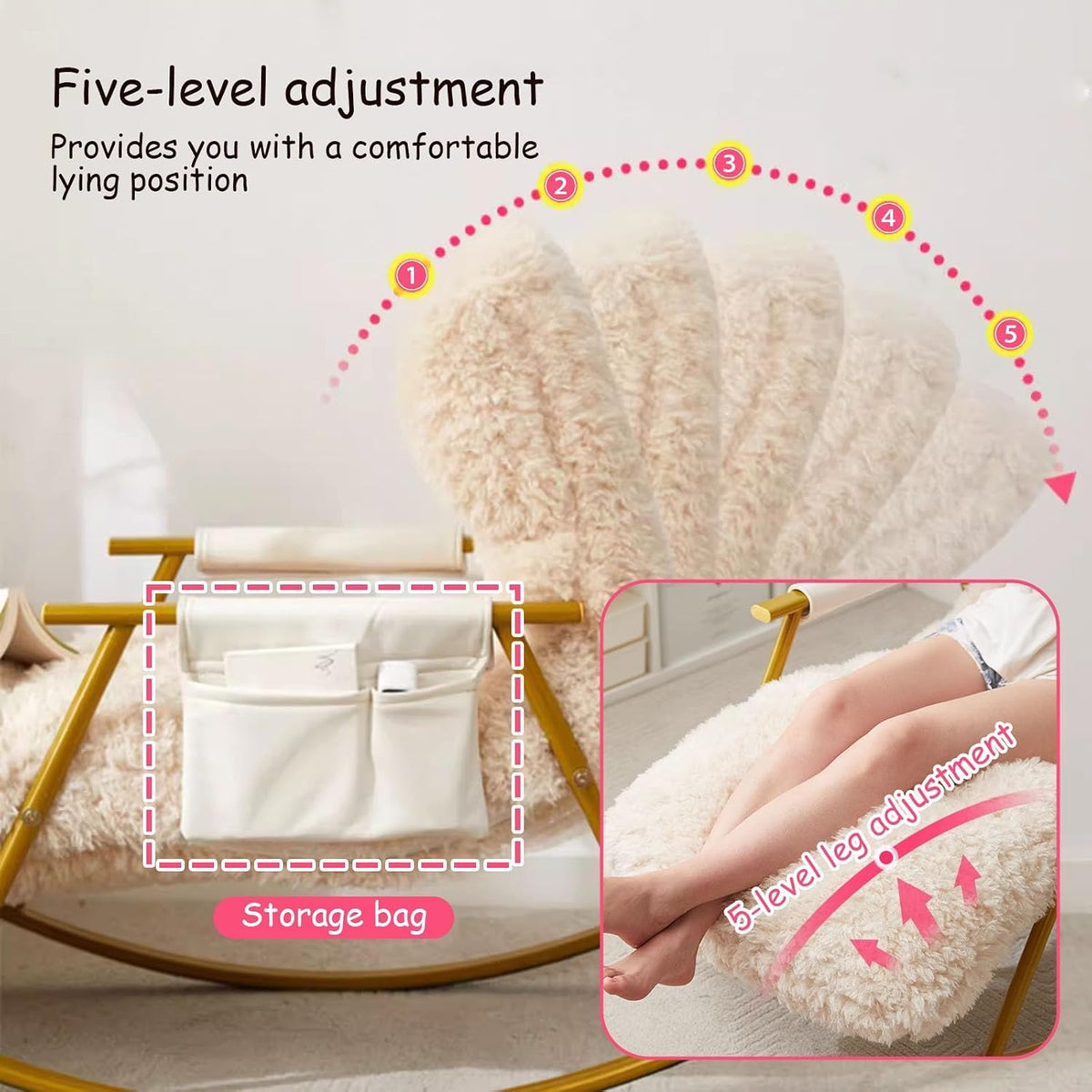 Fluffy Armchairs with Adjustable High Backrest, Rocking Chair with Side Pockets, Upholstered Glider Cozy Accent Chair, Loading Capacity 200kg/440lb