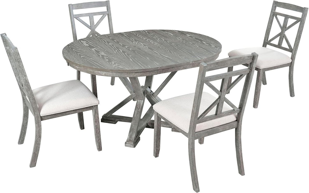 Merax Extendable Round Dining Table Set for 4, Farmhouse Kitchen Table Set with 4 Upholstered Chairs for Kitchen, Dining Room, Living Room, Grey