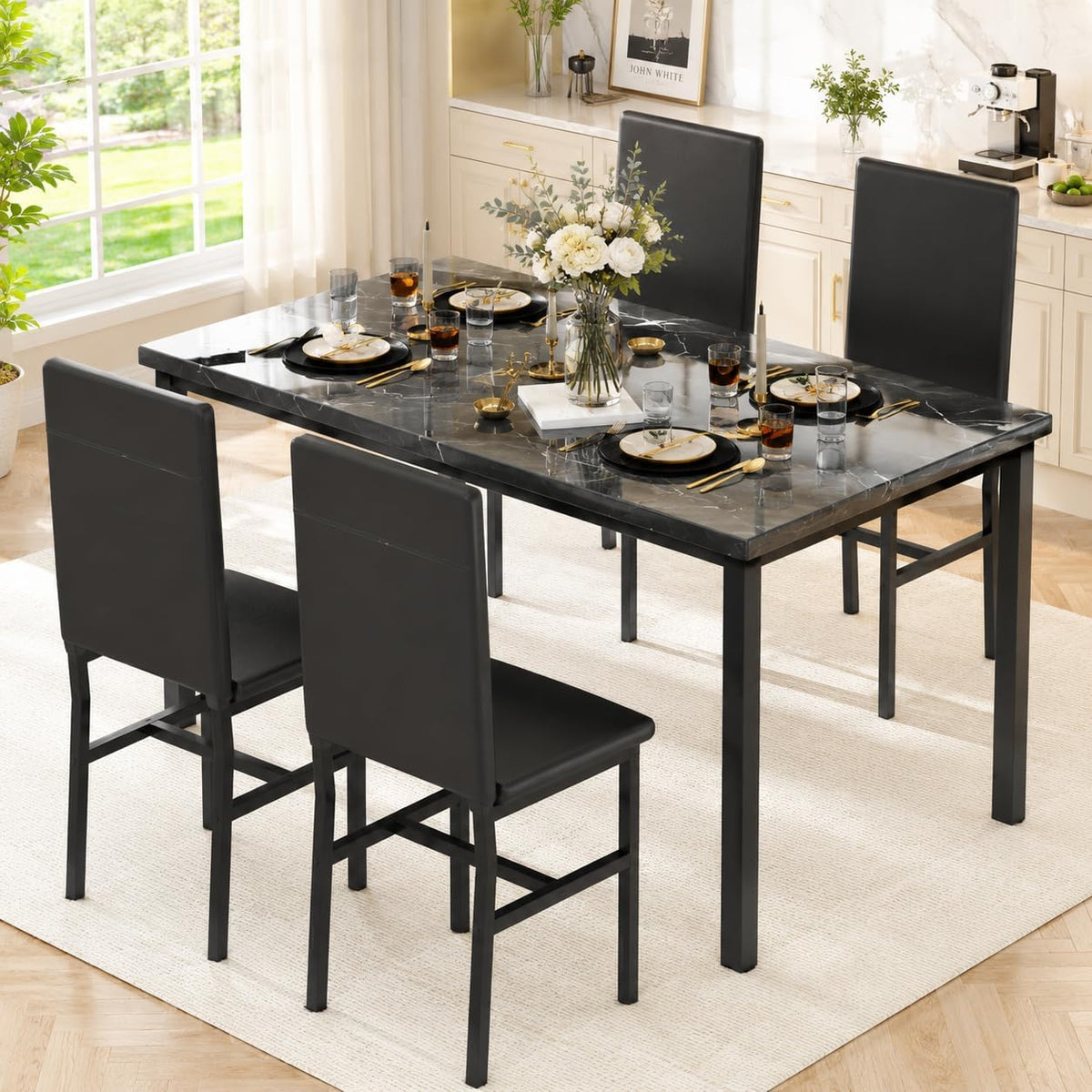 DKLGG 5-Piece Dining Table Set for 4, Faux Marble Kitchen Table Chairs Set of 4 with Upholstered Chairs, Modern Dining Room Table Set for Small Spaces (Black+Black)