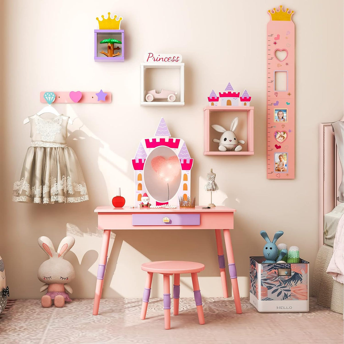 Costzon Kids Vanity Set, Girls Vanity Set with Mirror and Stool, Princess Makeup Dressing Table with Drawer, Growth Chart, Floating Shelves, Kids Vanity Table and Chair Set, Pink