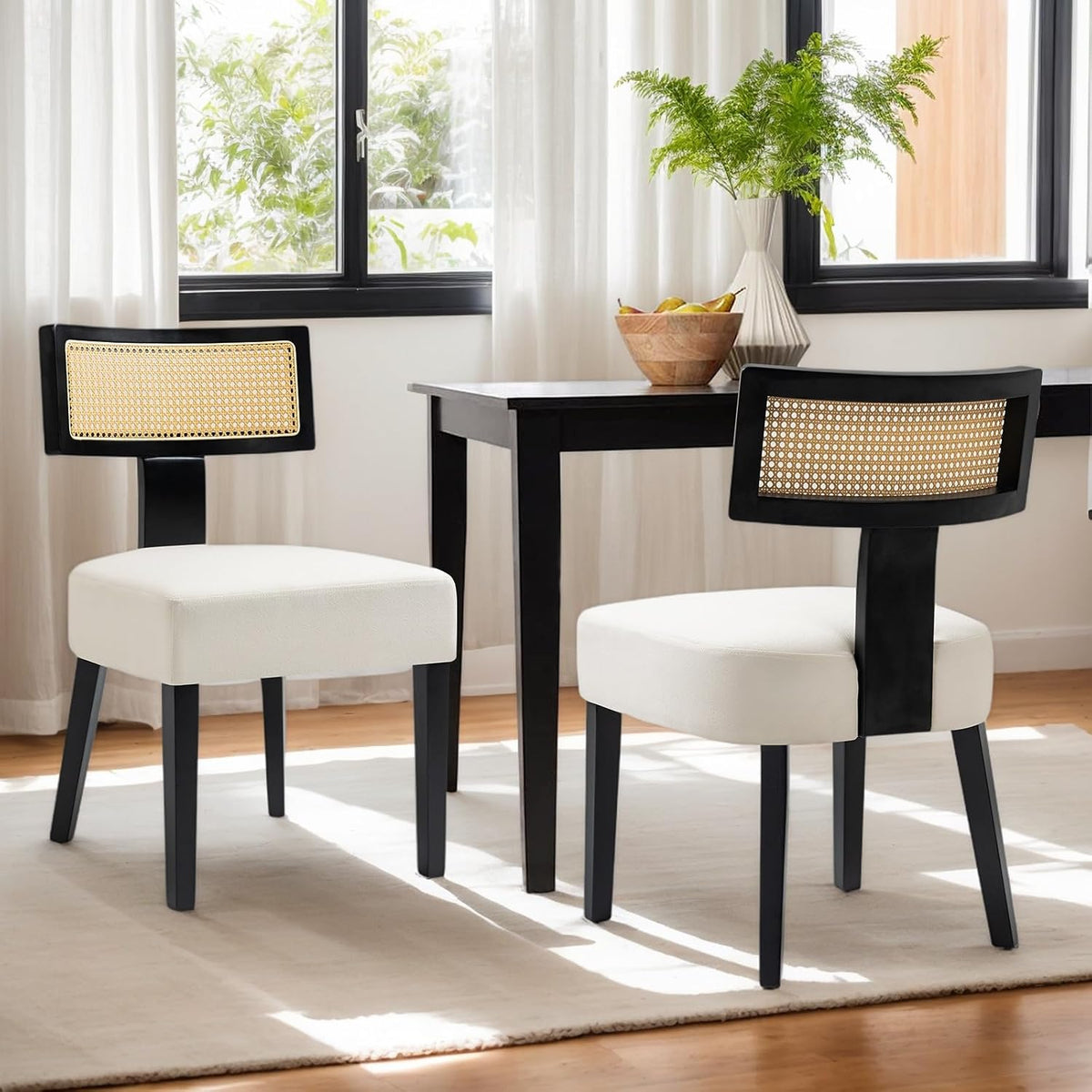 Farmhouse Rattan Dining Chairs Set of 2, Upholstered Modern Dining Room Chairs with Curved Cane Back, Black Wood Frame Armless Side Chair for Kitchen (Beige Fabric)