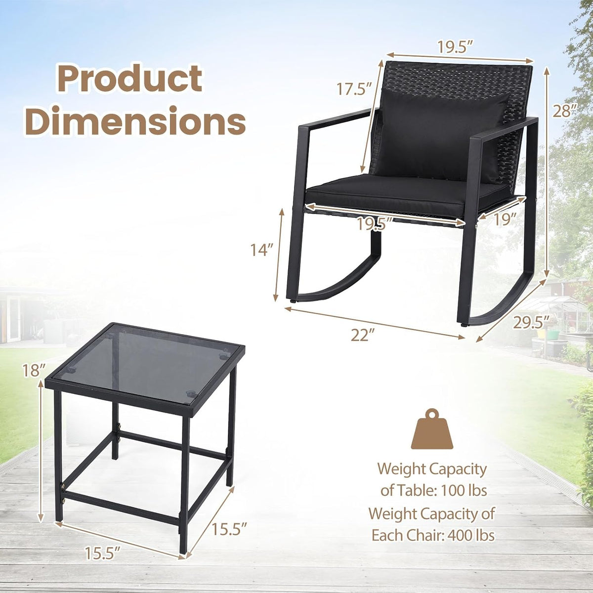Tangkula 3 Pieces Outdoor Rocking Chairs Set, Rattan Heavy Duty Cushioned Rocker Chairs with Cushions, Pillows, Tempered Glass Table, Metal Frame for Garden, Balcony, Backyard (Black)