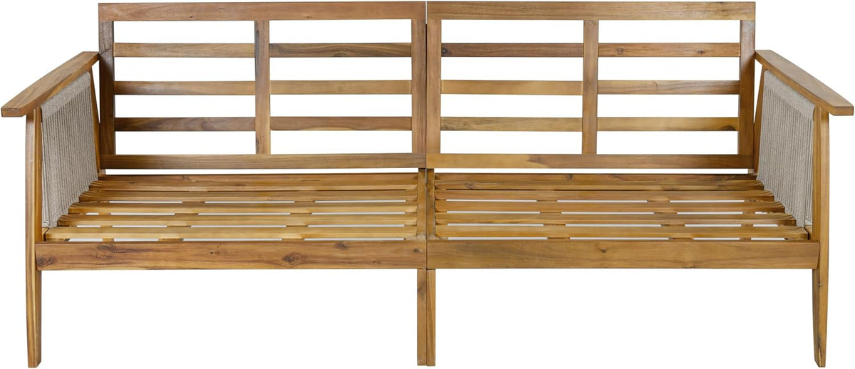 Christopher Knight Home Outdoor 3 Seater Patio Sofa with Acacia Wood Frame and Rope Weave Design, Cushioned Garden Couch with Removable Covers for Patio Deck Balcony, Teak and Beige