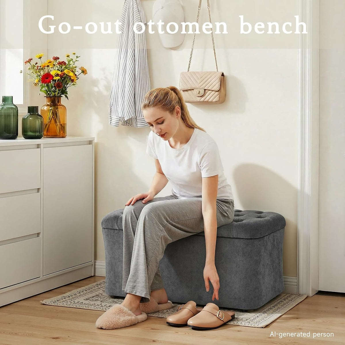 ONBRILL Storage Ottoman Bench, End of Bed Bench, 39.8 x 18.1 x 17.7 Inches Pouf Ottoman Foot Rest, Storage Benches Chest for Bedroom Entryway Living Room, Max 330 lbs, Grey
