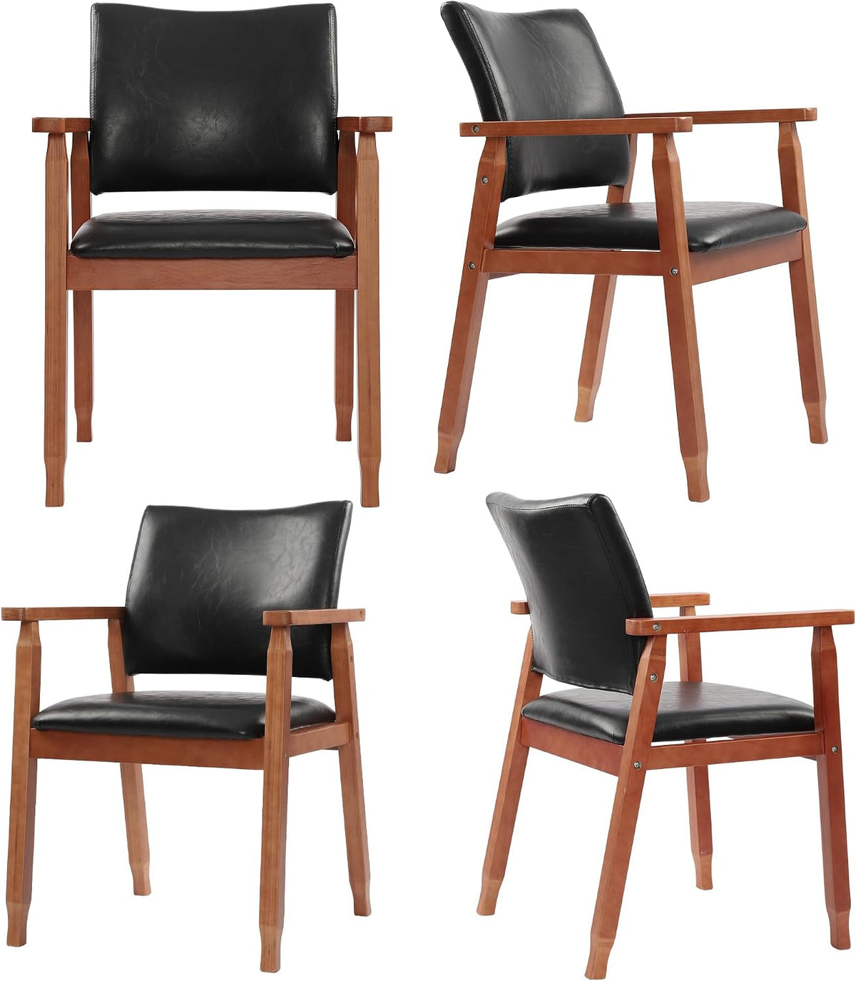 Dining Chairs with Arms Set of 4, Wood Frame Faux Leather Kitchen Chairs, Comfortable Upholstered Accent Chairs for Kitchen, Dining Room,and Living Room(Black)