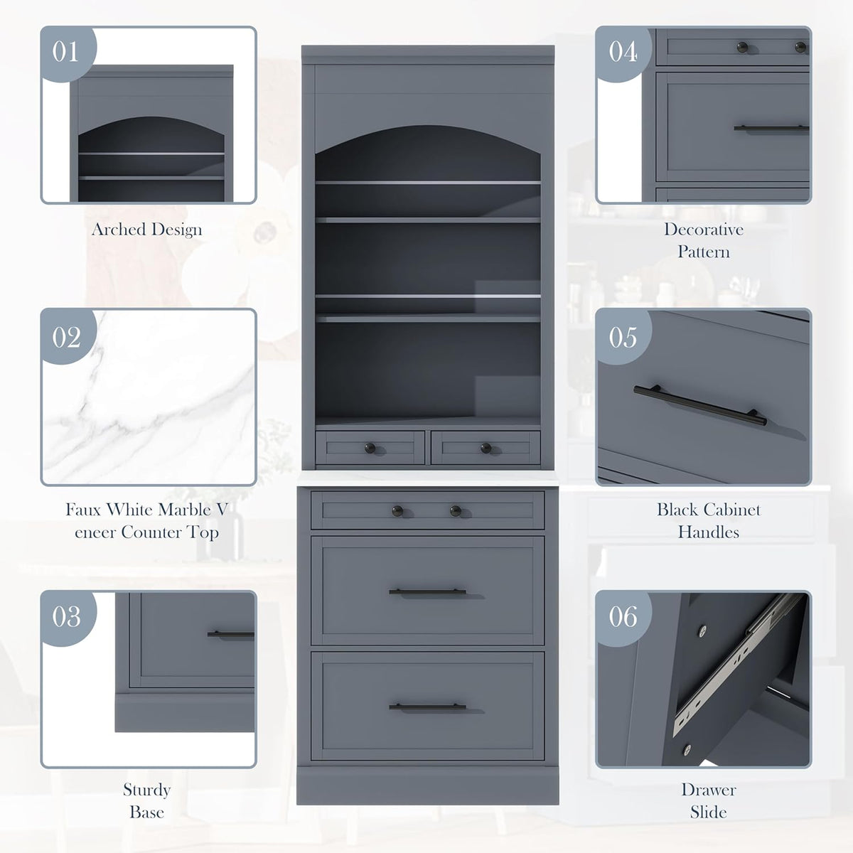 Merax Modern 83.7inch Freestanding Kitchen Hutch with Faux Marble Top, Kitchen Pantry with 5 Storage Drawers and Adjustable Shelf, Set of 2, Gray