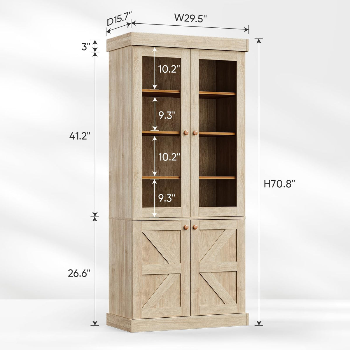 ivaniti 71" Tall Farmhouse Kitchen Pantry, Rustic Brown Wood Storage Cabinet with Glass Doors and Adjustable Shelves, Versatile Hutch for Dining Room, Living Room, Set of 2
