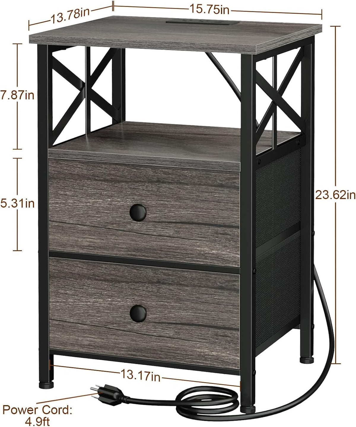 AMHANCIBLE Nightstands Set of 2, Large Night Stand with Charging Station | Bedside Table with 2 Fabric Drawers, End Side Tables Living Room, with Open Shelf, USB Ports Outlets, for Bedroom, Dark Grey
