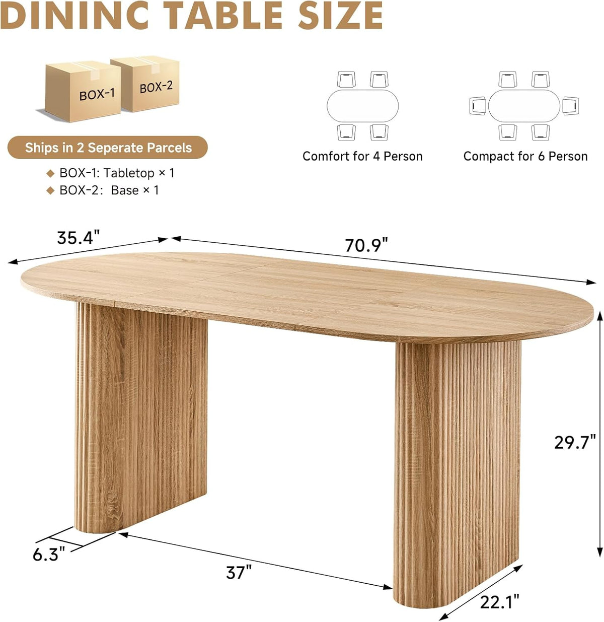 70.9" Large Dining Table for 4-6, Rounded Edges, Fully Assembled Table Base, Modern Wood Kitchen Dinner Table, Easy Setup, Natural