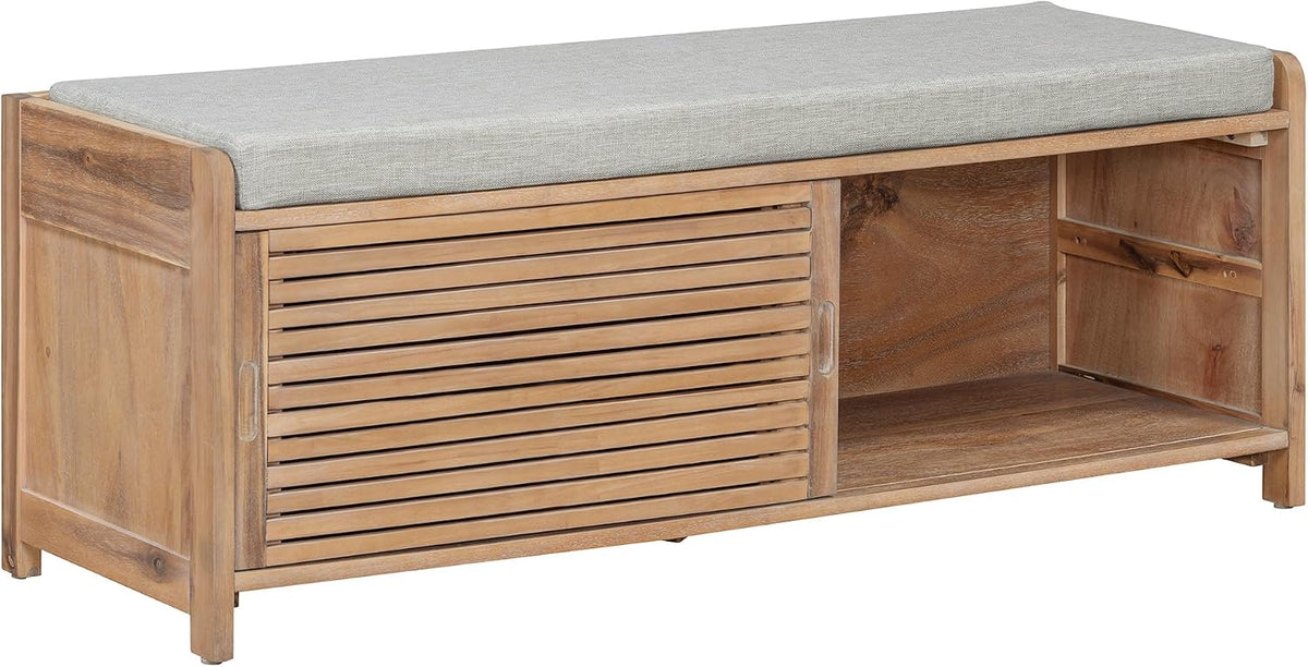 Ball & Cast Entryway Storage Bench with Shutter Doors, 43.3" Wooden Shoes Organizer, Modern Movable Upholstered Seat Entryway Shoe Rack Cabinet for Hallway Living Room, Natural White