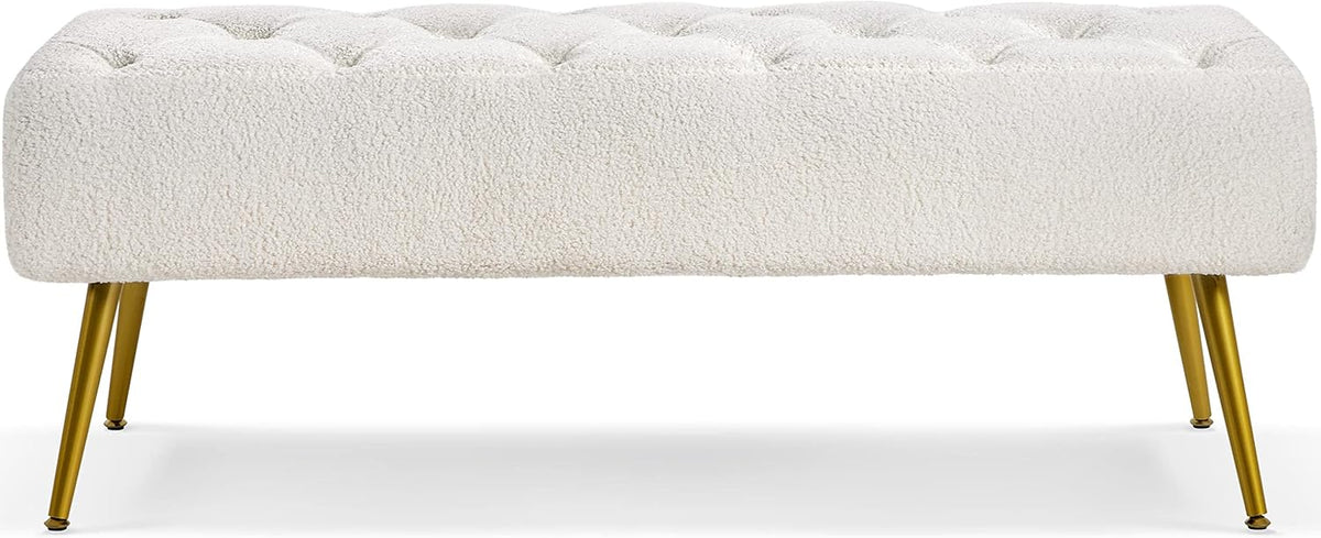 Topeakmart Dining Bench, Button-Tufted Upholstered Bench with Gold Metal Base for Kitchen, Living Room, Entryway - Ivory