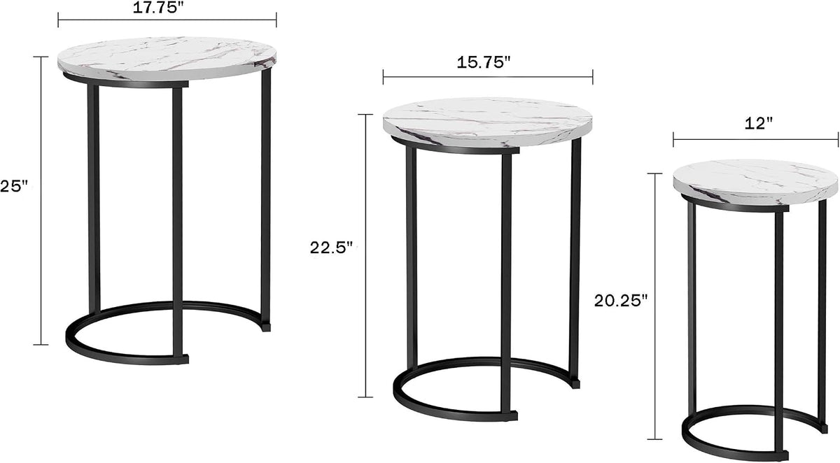 Lavish Home Round Nesting Tables Set of 3, Faux Marble Tabletop, White | 25”H / 22.5”H / 20.25”H Modern Side Tables, Space Saving Accent Table Set, for Living Room, Bedroom, Dorm or Home Office