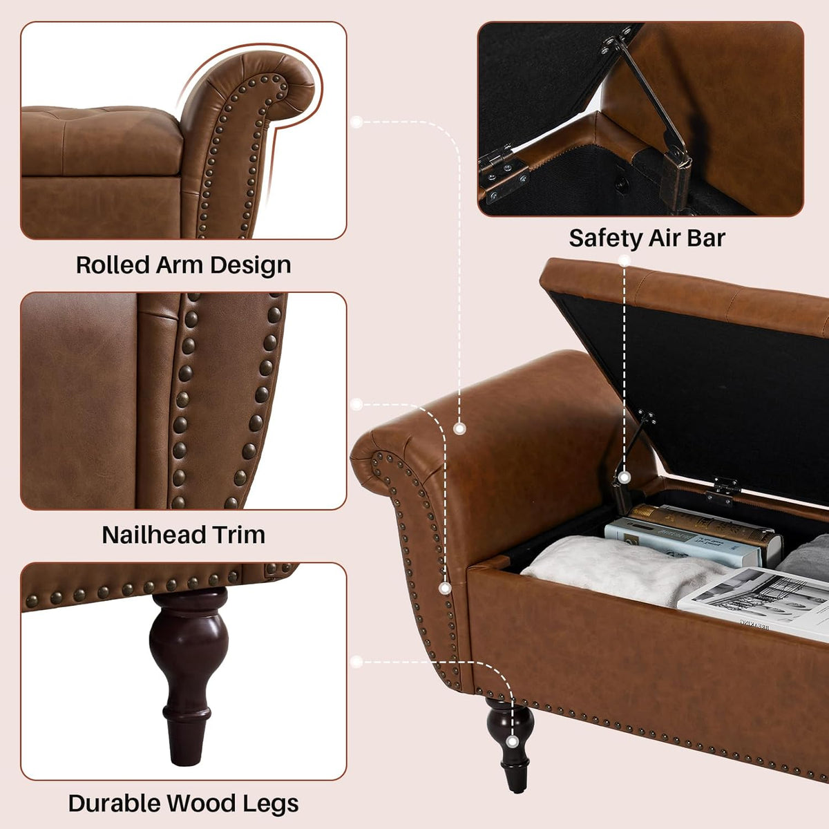 63.78" Inch Storage Bench for Bedroom Faux Leather End of Bed Bench with Storage Upholstered Ottoman Foot Rest with Rolled Arms for Bedroom Living Room Holds Up to 700 Lb Brown