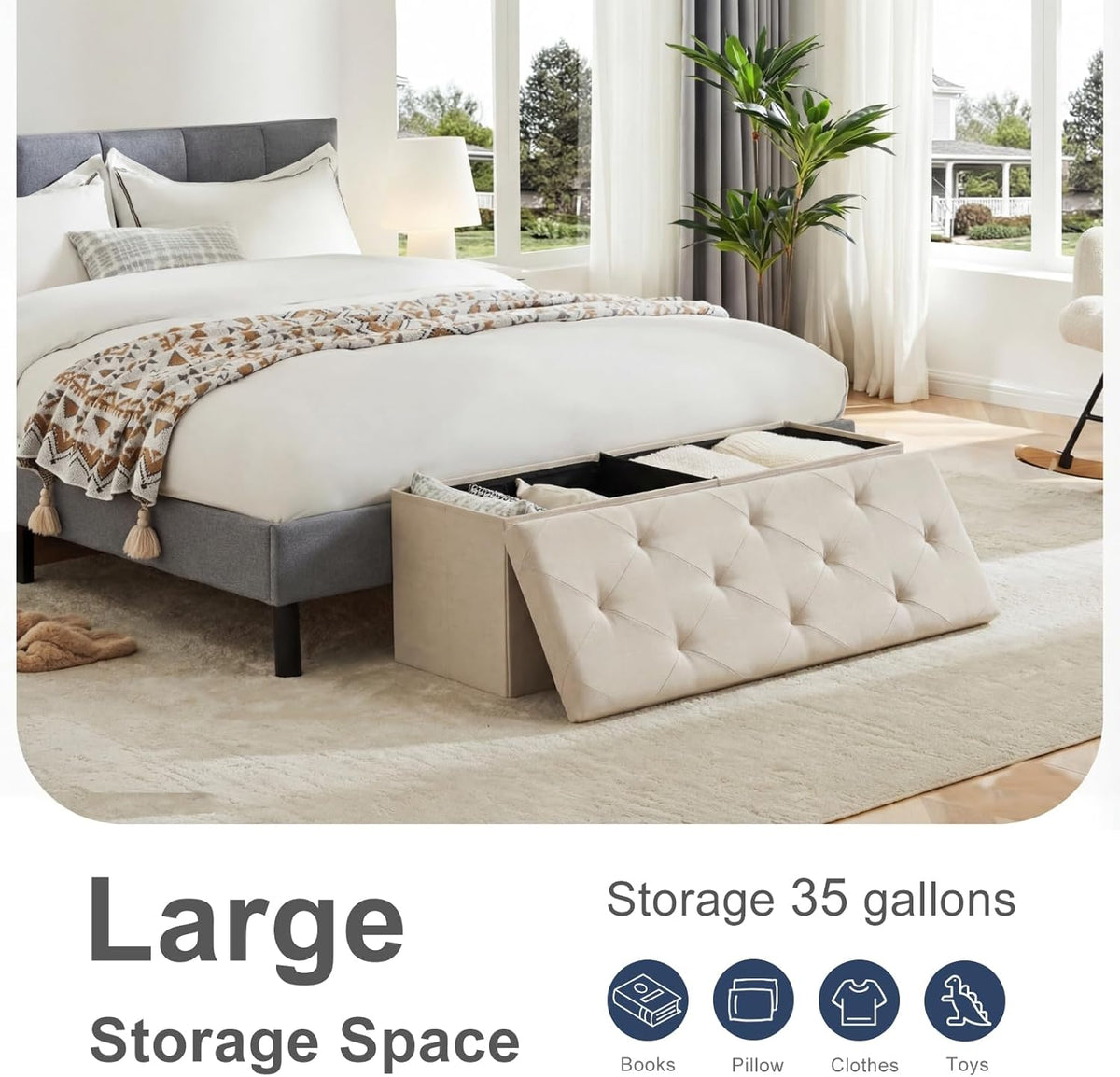 DUMOS 43 Inch Folding Storage Ottoman Bench, Large Hidden Storage Chest withThicker Foam Padded Seat, End of Bed Foot Rest Stool for Bedroom Living Room Entryway, Load 660 lbs, Beige