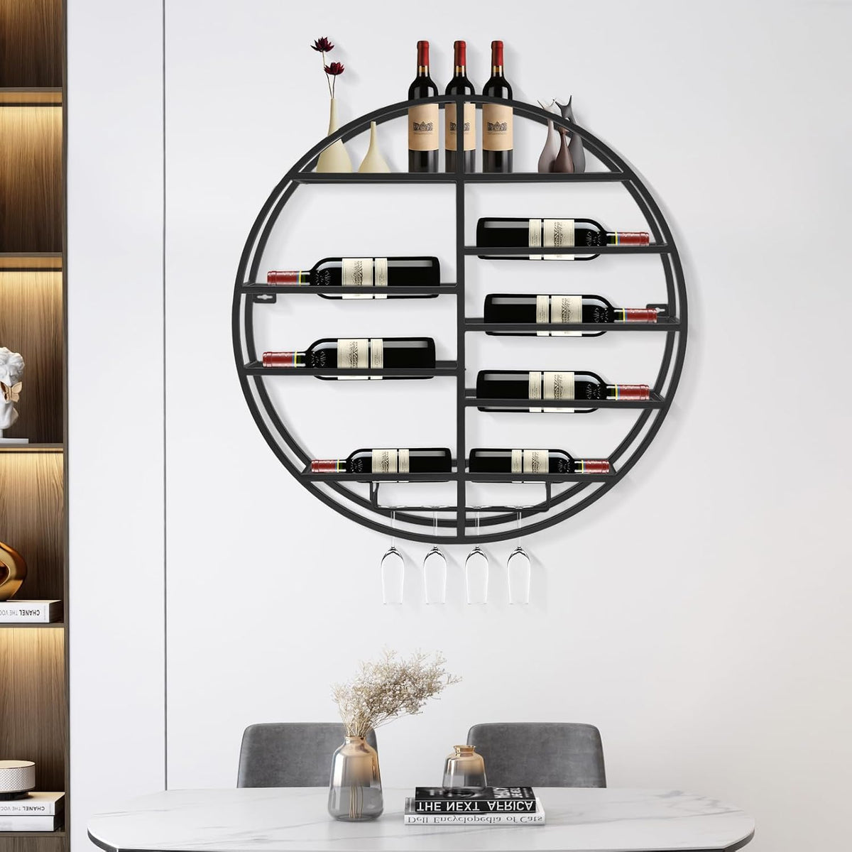 Round Wall Mounted Wine Rack 23.6Inch Metal Wine Display Rack Wine Glass Goblet Holder Bottle Holder for Bar Wine Cellar Kitchen Storage Display (Black)