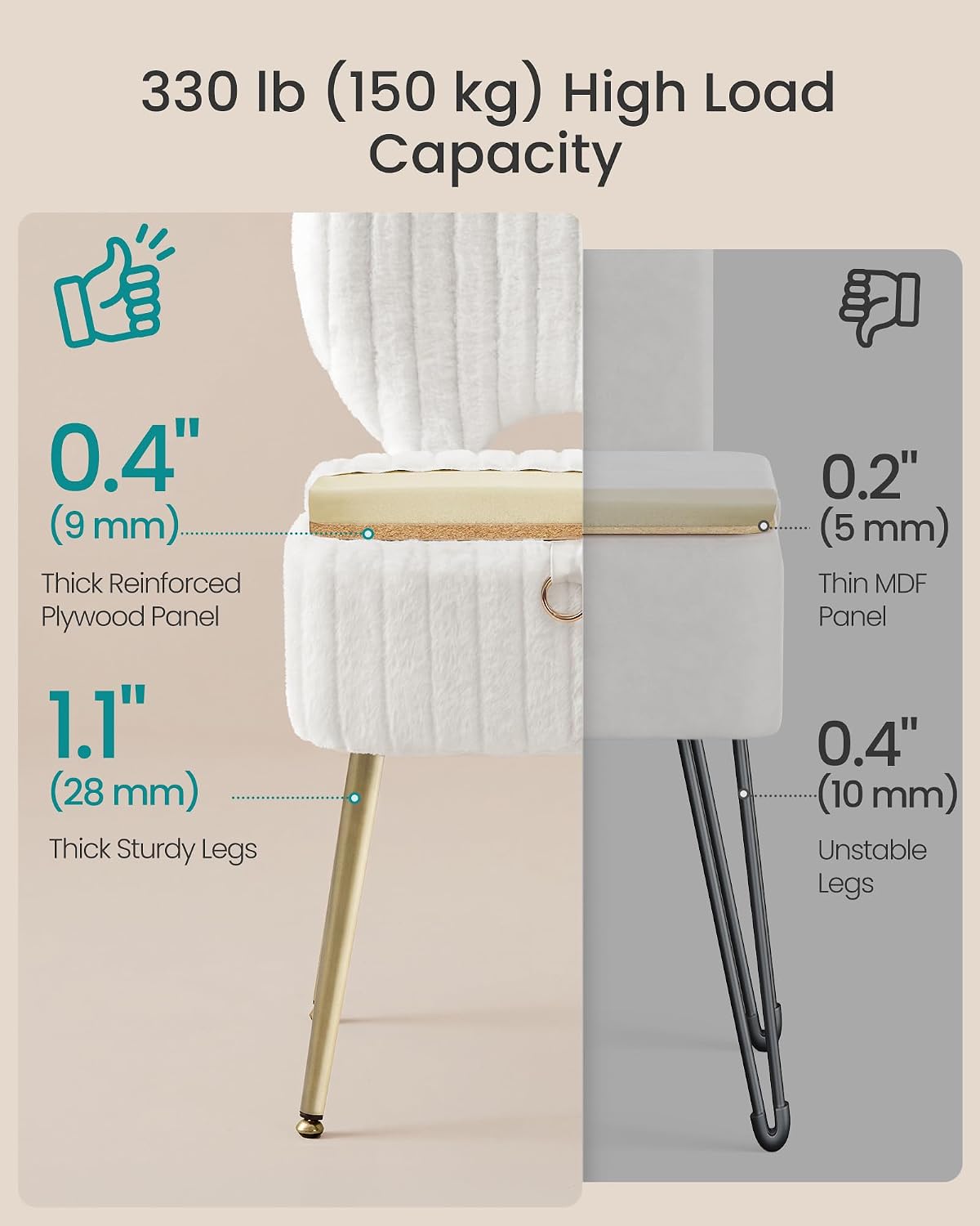 SONGMICS Vanity Chair, Makeup Stool with Folding Backrest | Plush Padded Dressing Table Stool, 17.1 x 13 x 32.1 inch, for Bedroom, Dressing Room, Black, GLAMOR Collection ULOM532WD01