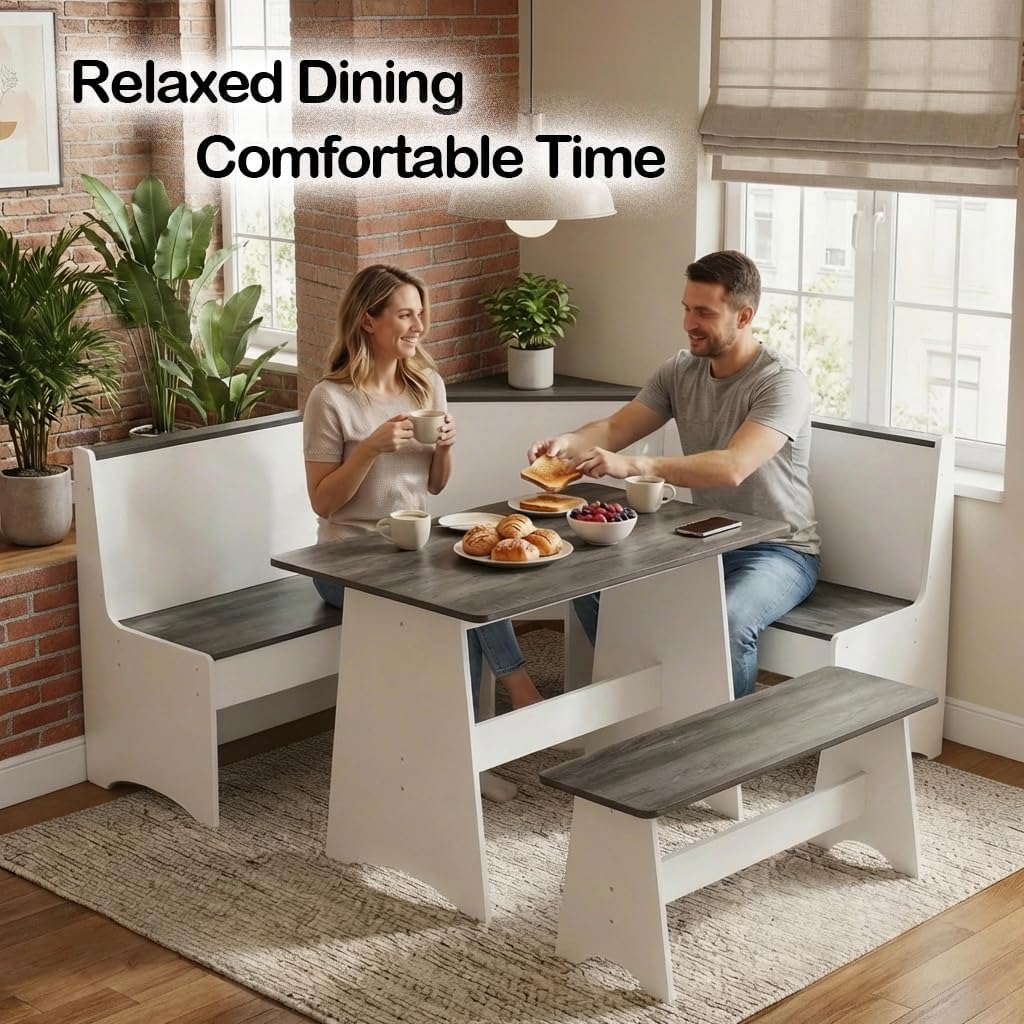 Farmhouse Breakfast Nook Table Set, Dining Nook Set with Corner Bench,with Storage Function Mid Century Modern Small Dining Table Set, Kitchen Table Corner Set (Gray + White)