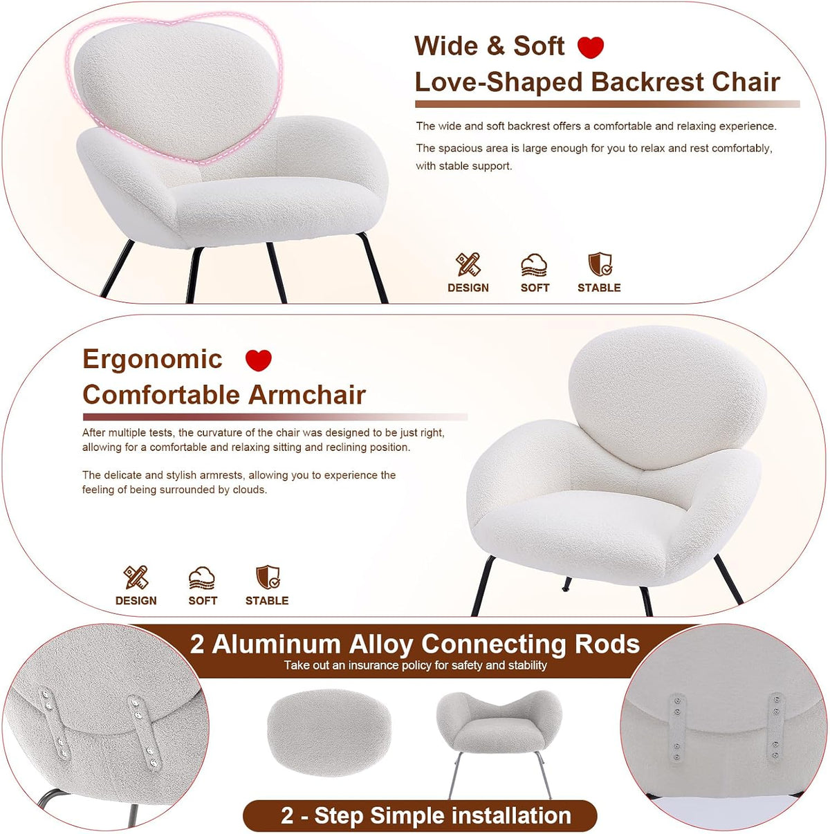 Accent Chair, Accent Chair for Bedroom, Boucle Chair (Cream Whtie) | Comfy Bedroom Chair with Love Back and Sturdy And Durable Solid-Wood Frame/ Study Room / Bedroom / Living Room /(Cream Style)