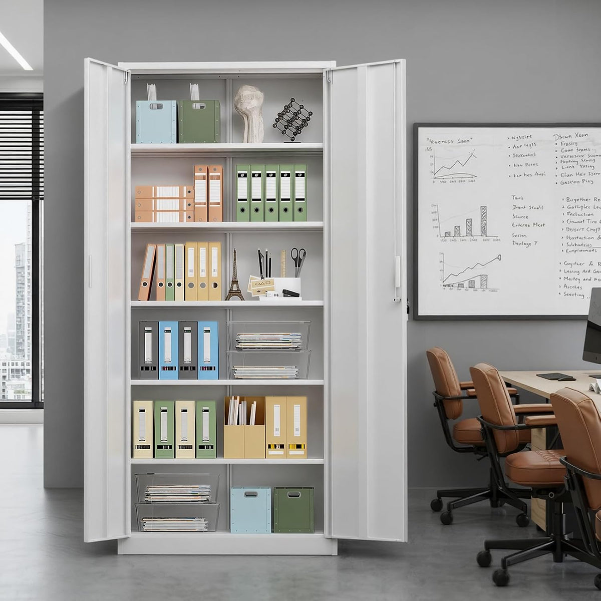 VINGLI Metal Garage Storage Cabinet with 2 Doors and 5 Adjustable Shelves, 71" Tall Steel Lockable File Cabinet, Locking Tool Cabinets for Home Office Garage Gym School (White)